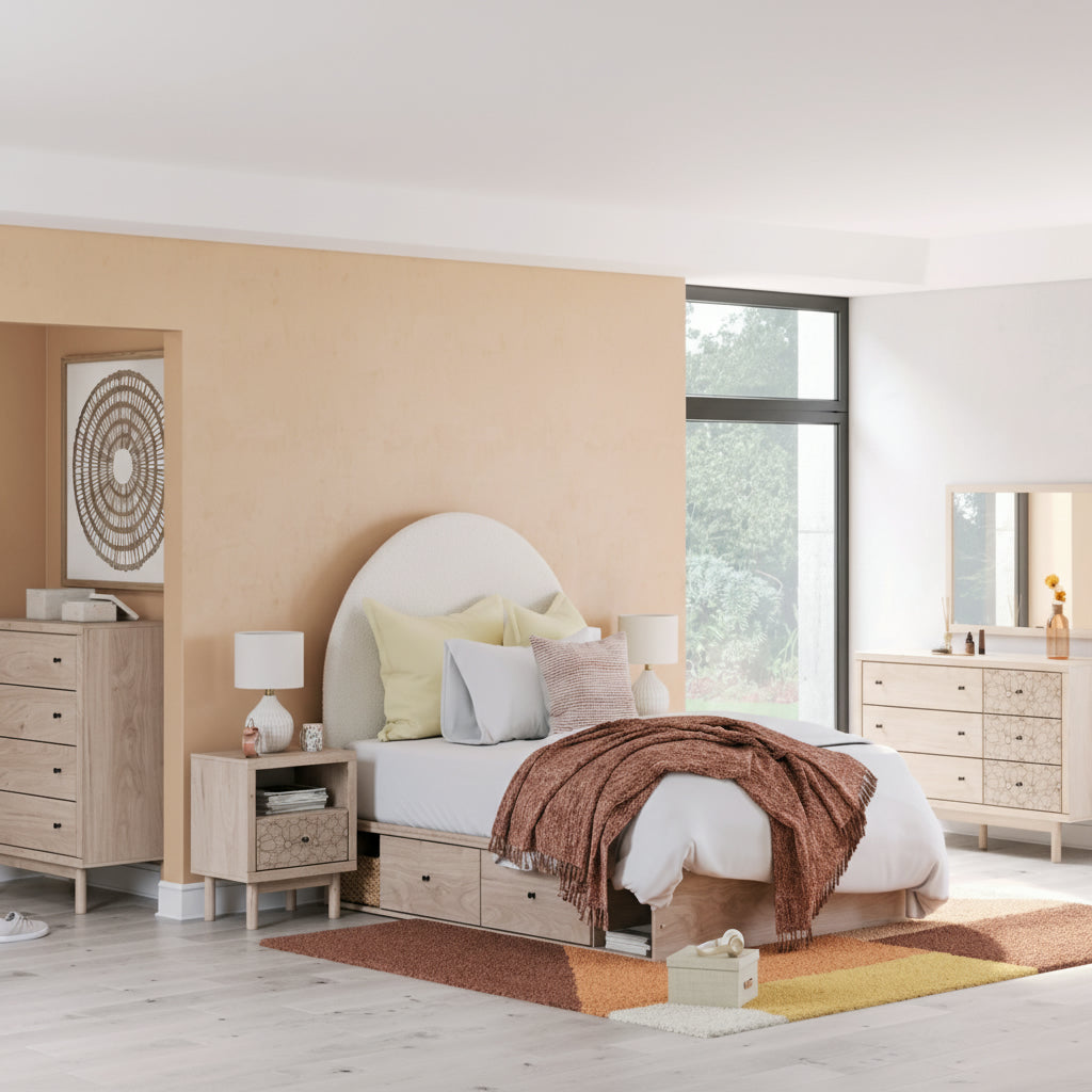 Arloster Upholstered Bed, Dresser, Mirror, Chest & Nightstand, Bedroom Set