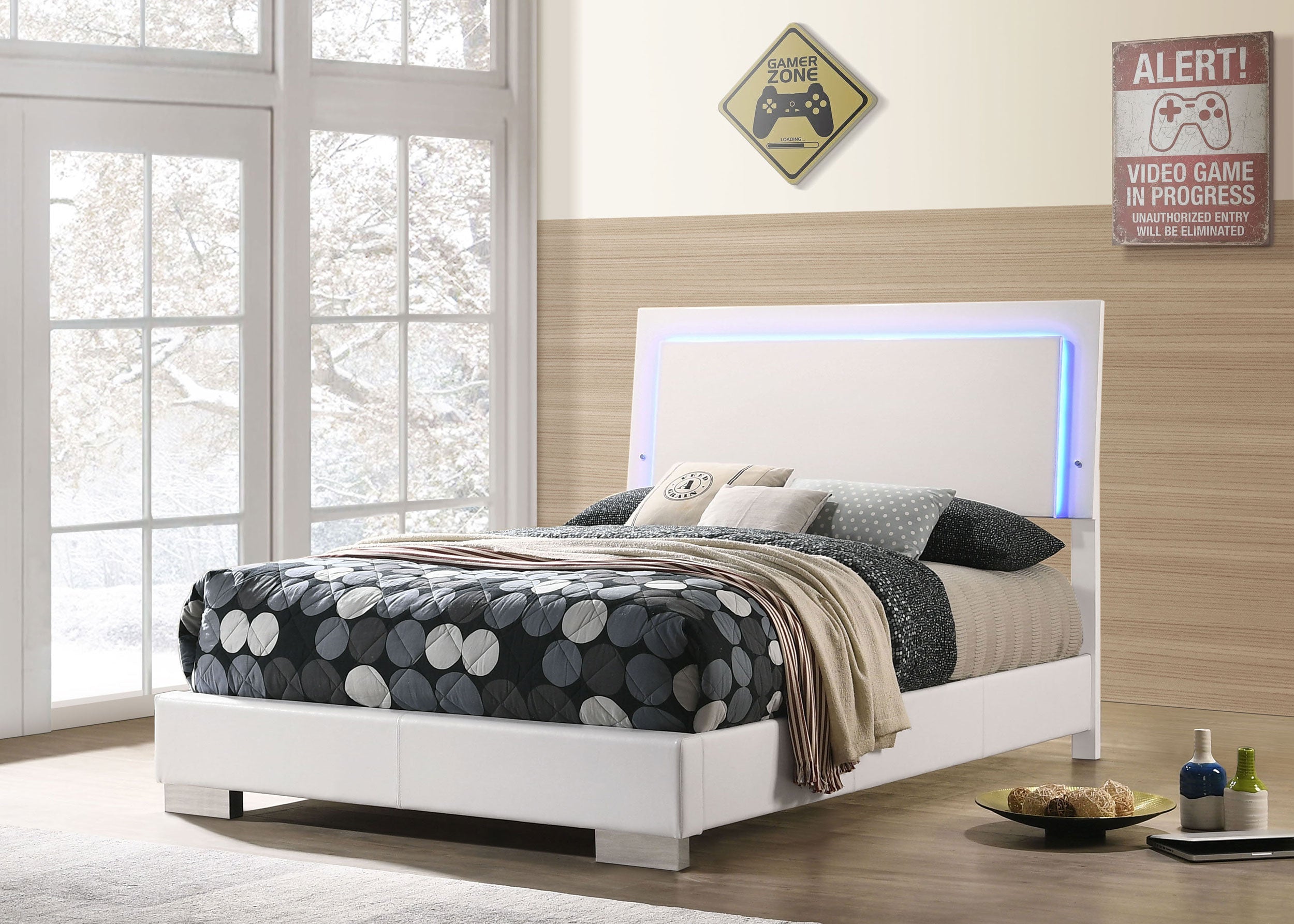 Felicity Wood California King LED Panel Bed White High Gloss