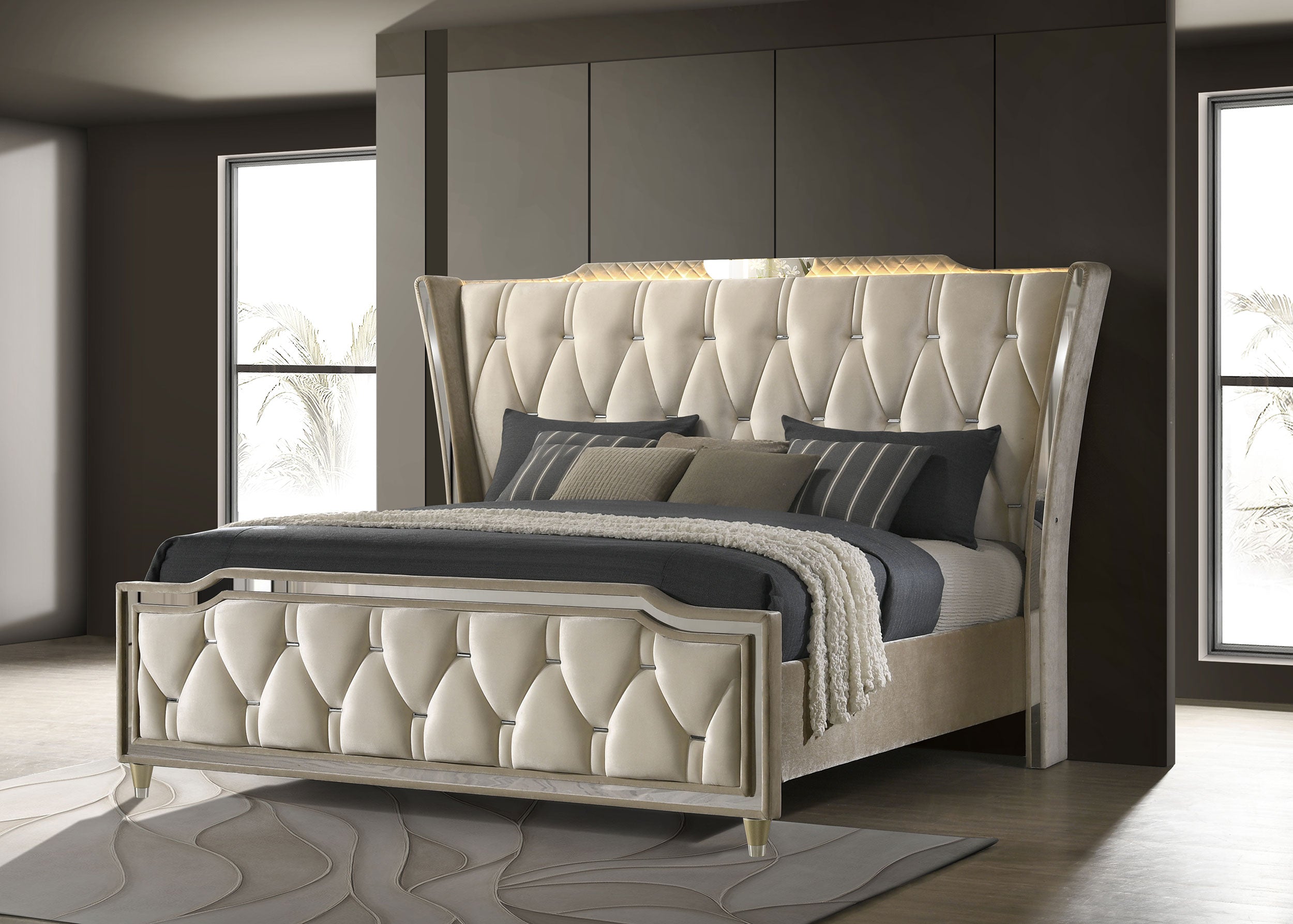 Lorient LED Upholstered Wingback Bed Ivory and Camel