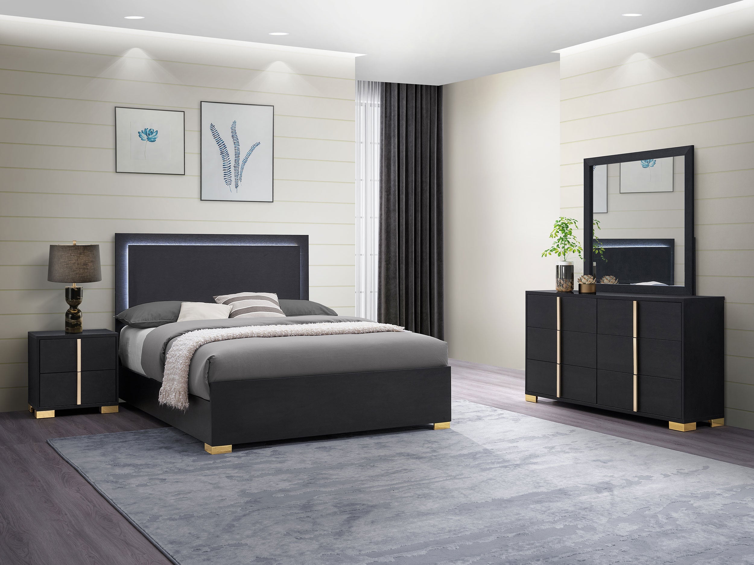 Marceline Bedroom Set with LED Headboard Black