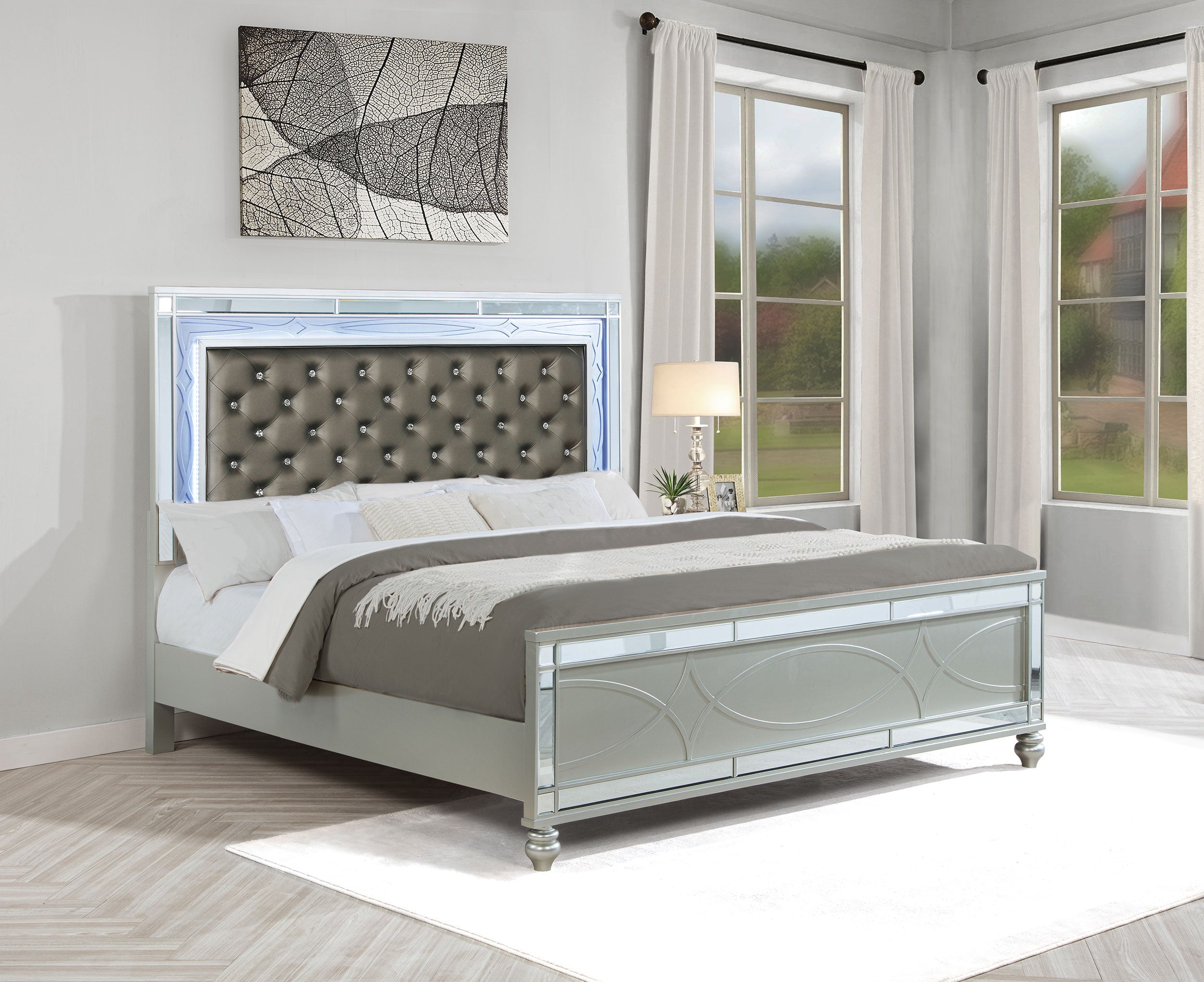 Gunnison Wood California King LED Panel Bed Silver Metallic