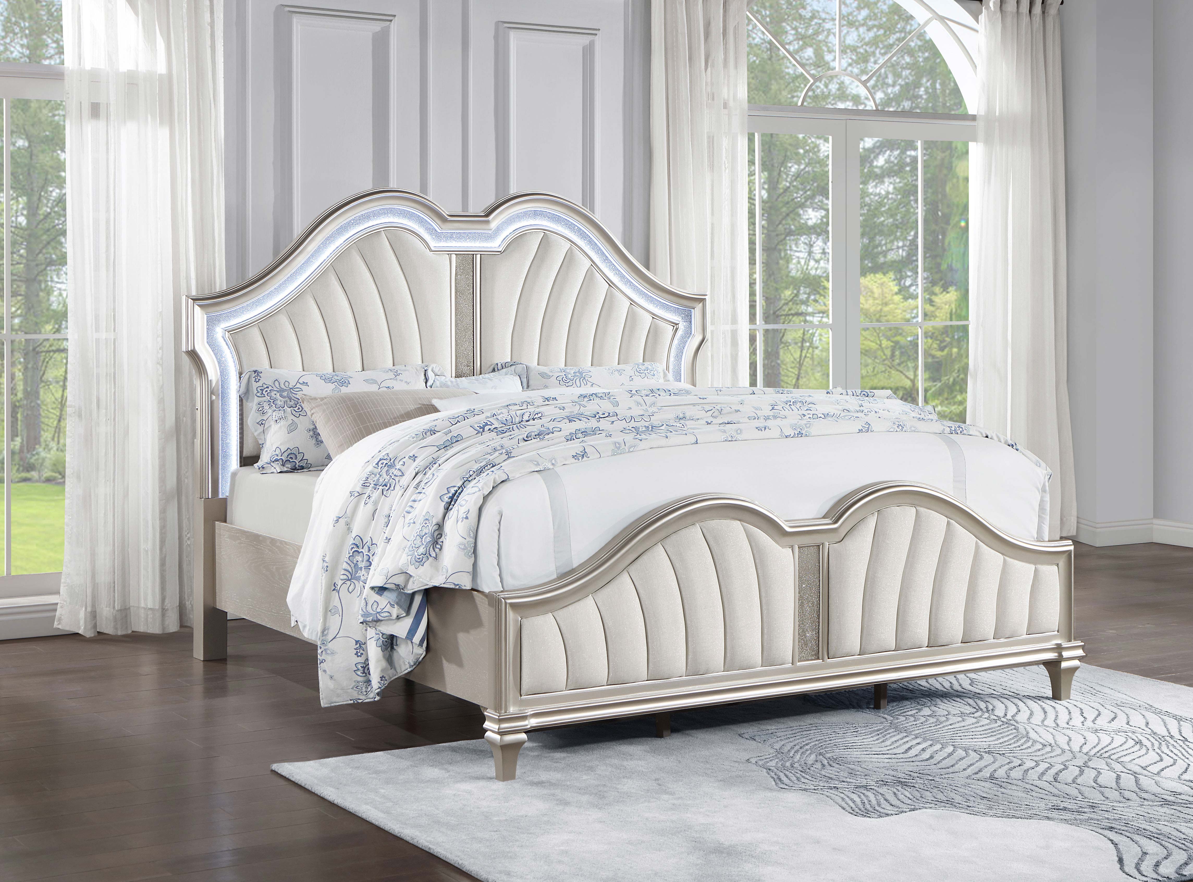 Evangeline Wood LED Panel Bed Silver Oak