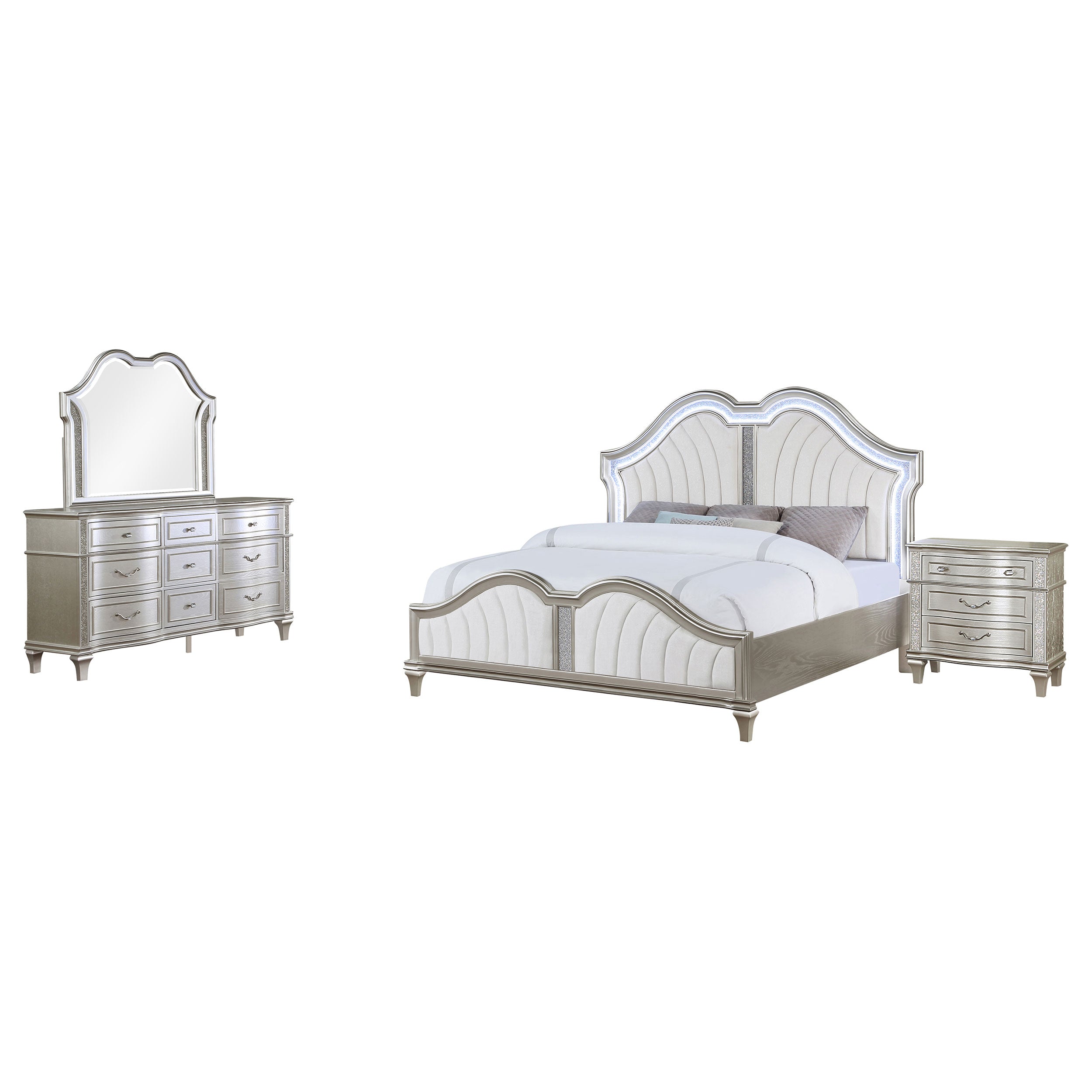 Evangeline Upholstered Platform Bedroom Set Ivory and Silver Oak