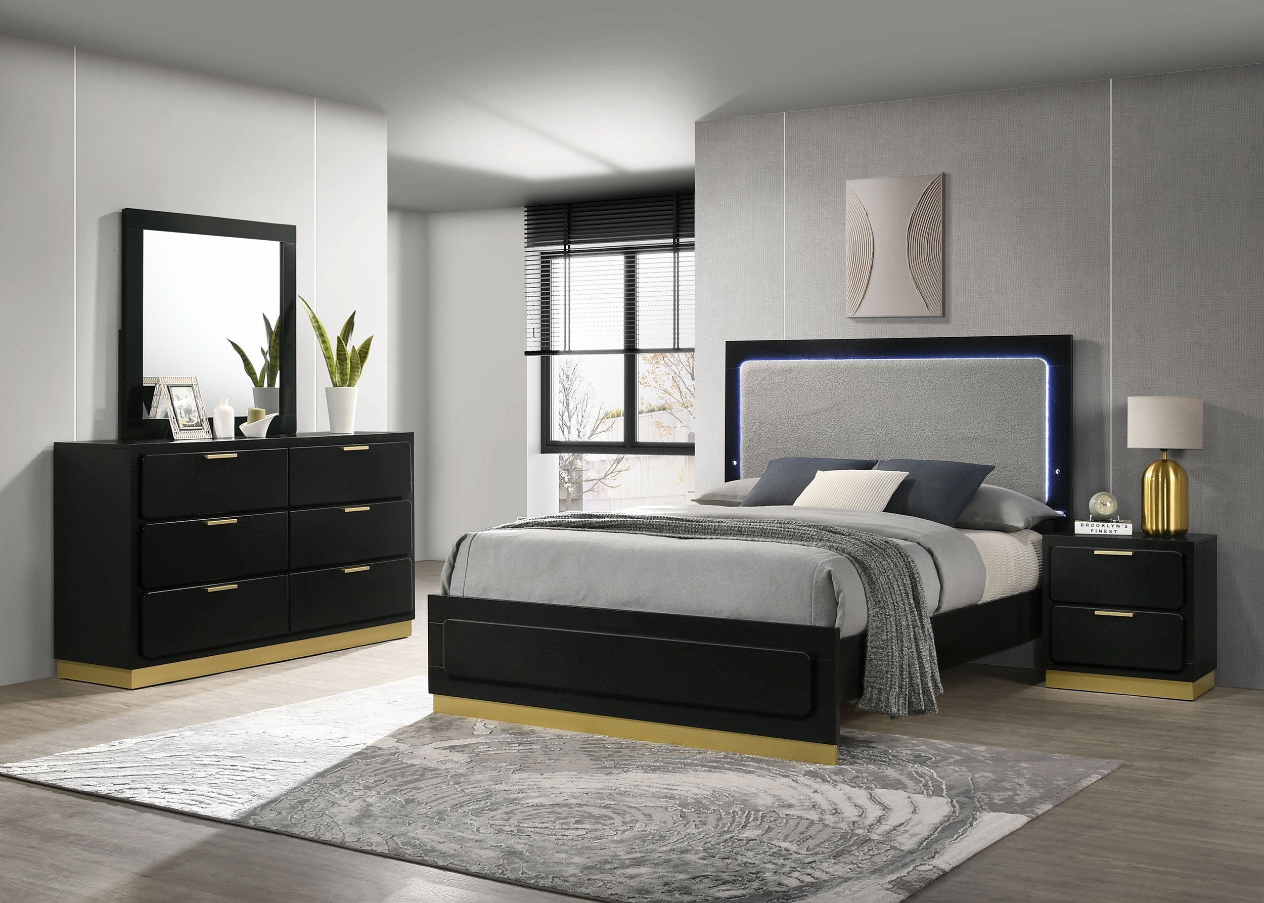 Caraway Bedroom Set with LED Headboard Black and Grey