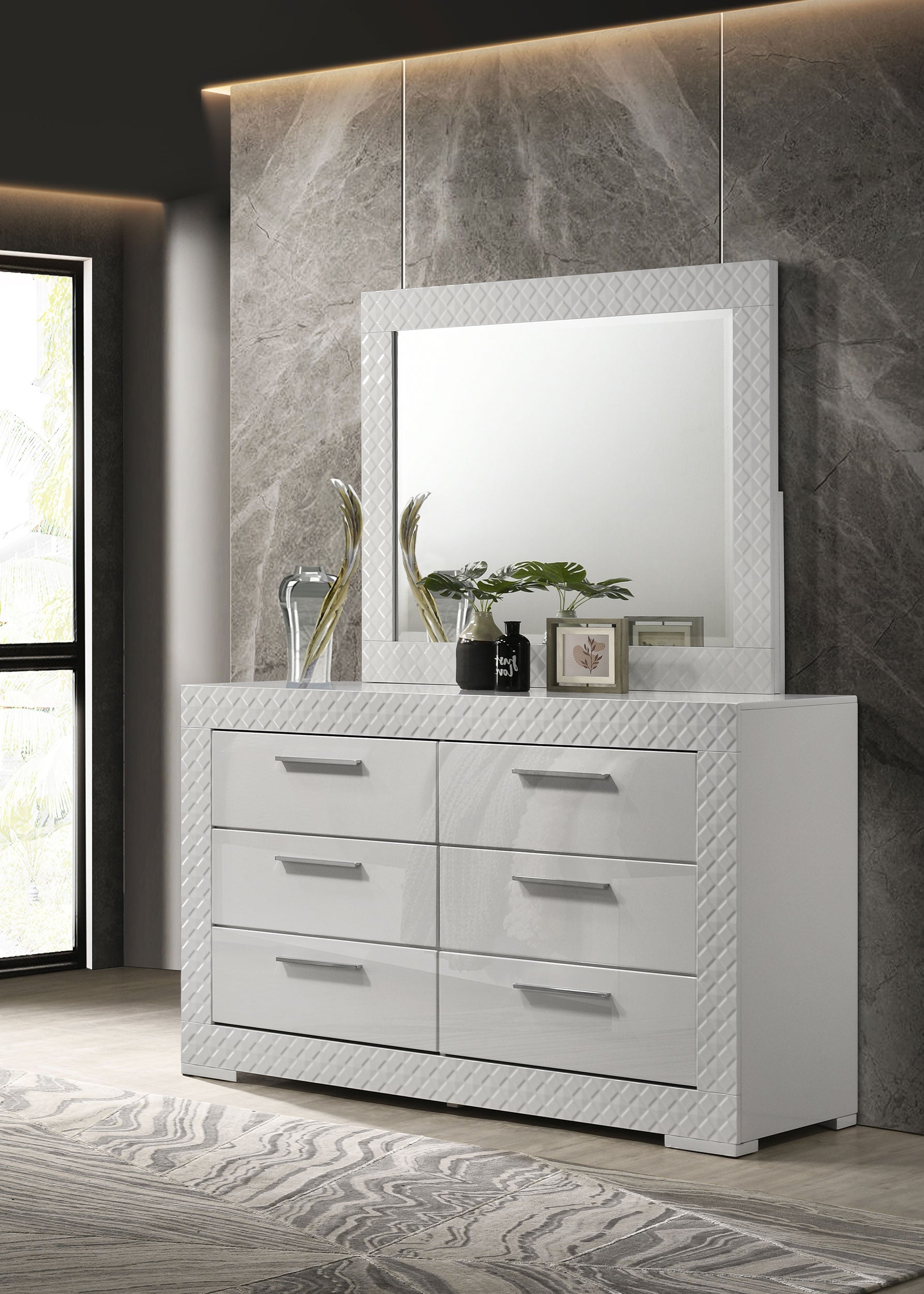 Ives 6-drawer Dresser and Mirror Grey High Gloss