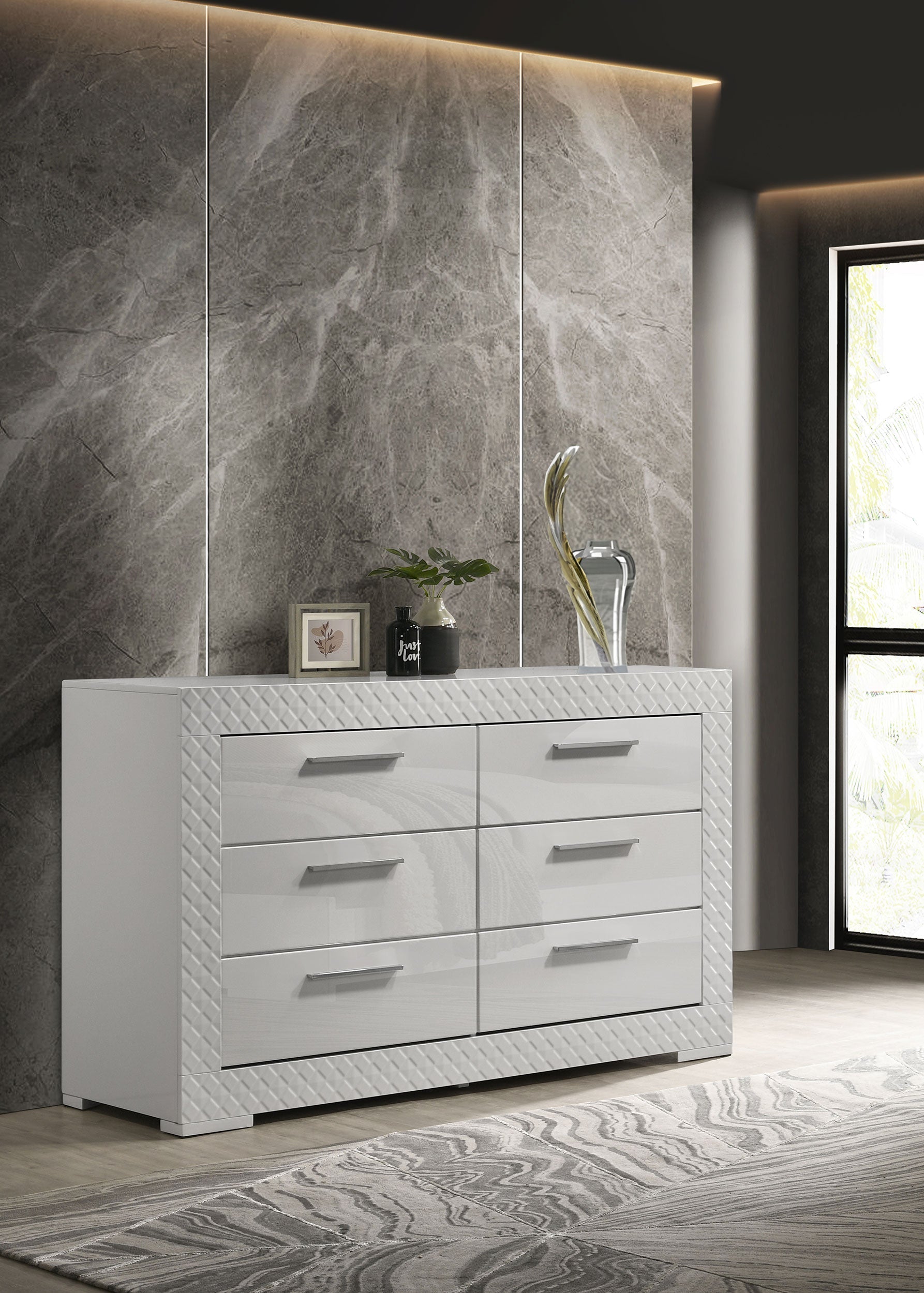 Ives 6-drawer Dresser and Mirror Grey High Gloss