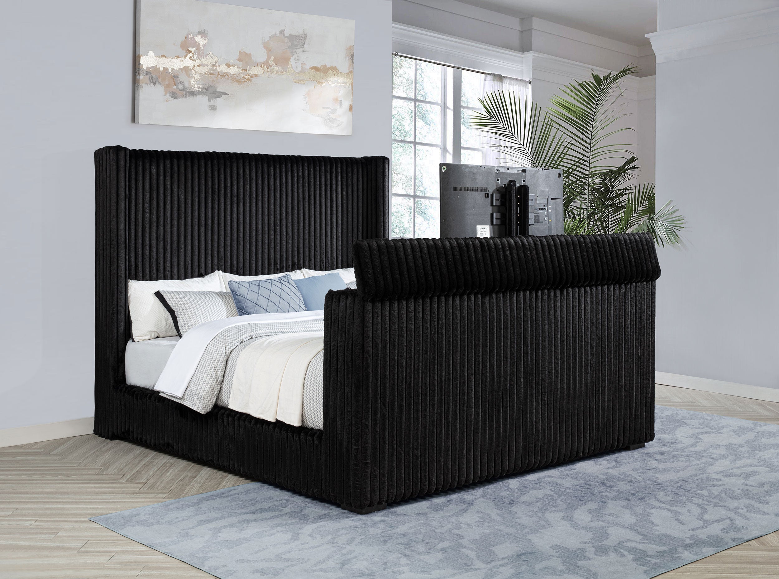 Centergrove Upholstered Queen Wingback TV Bed Black