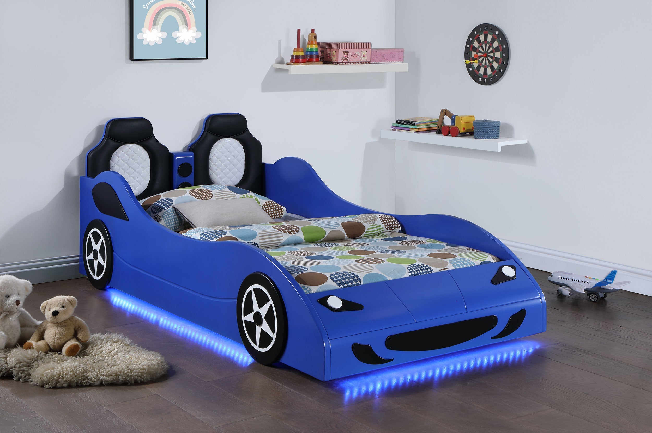 Cruiser Wood LED Race Car Bed and 7-inch Mattress Blue