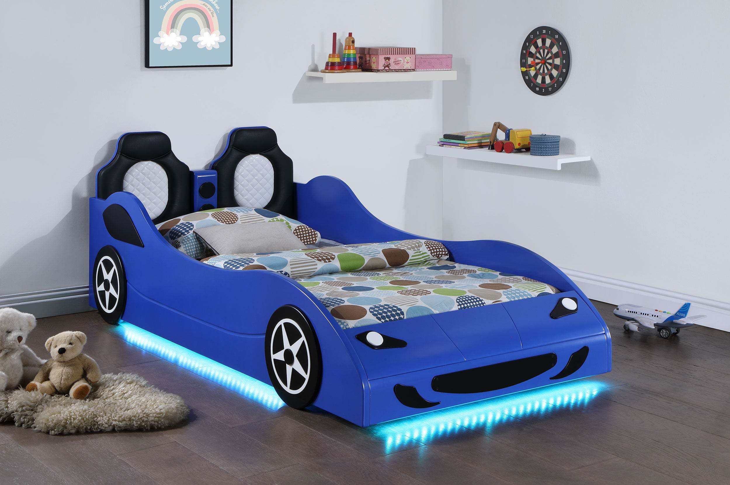 Cruiser Wood LED Race Car Bed and 7-inch Mattress Blue