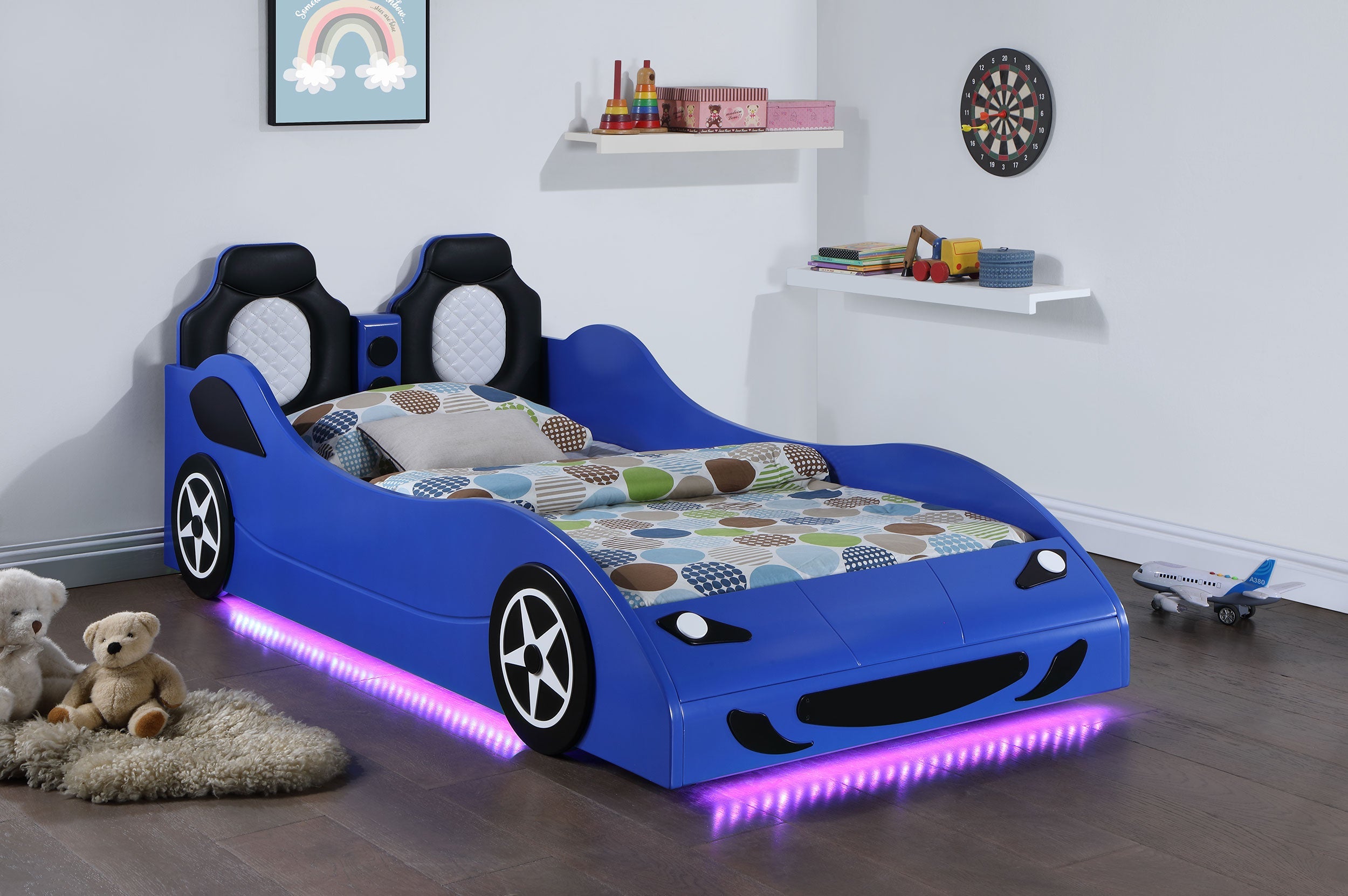 Cruiser Wood LED Race Car Bed and 7-inch Mattress Blue