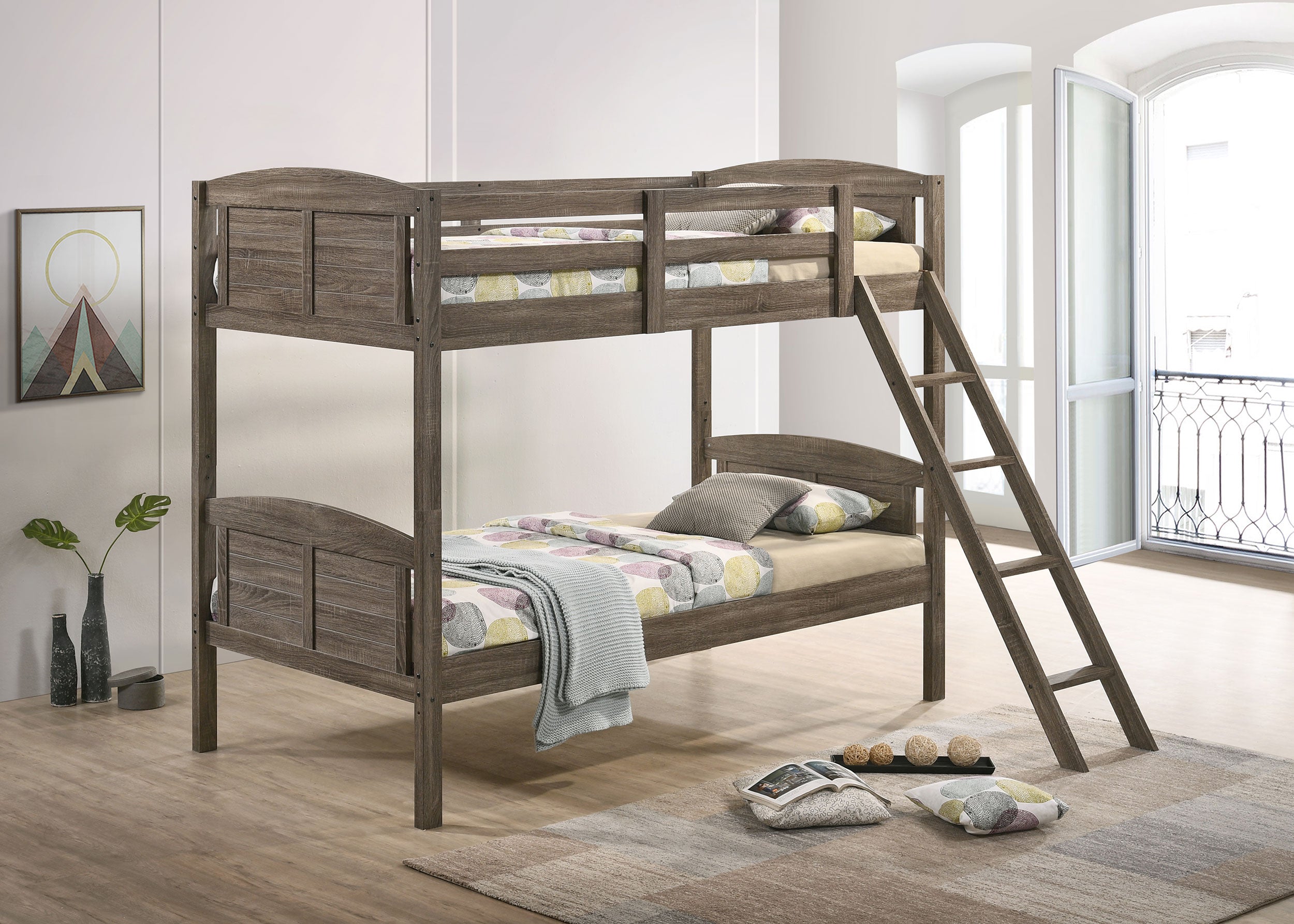 Flynn Wood Bunk Bed with Mattress Weathered Brown