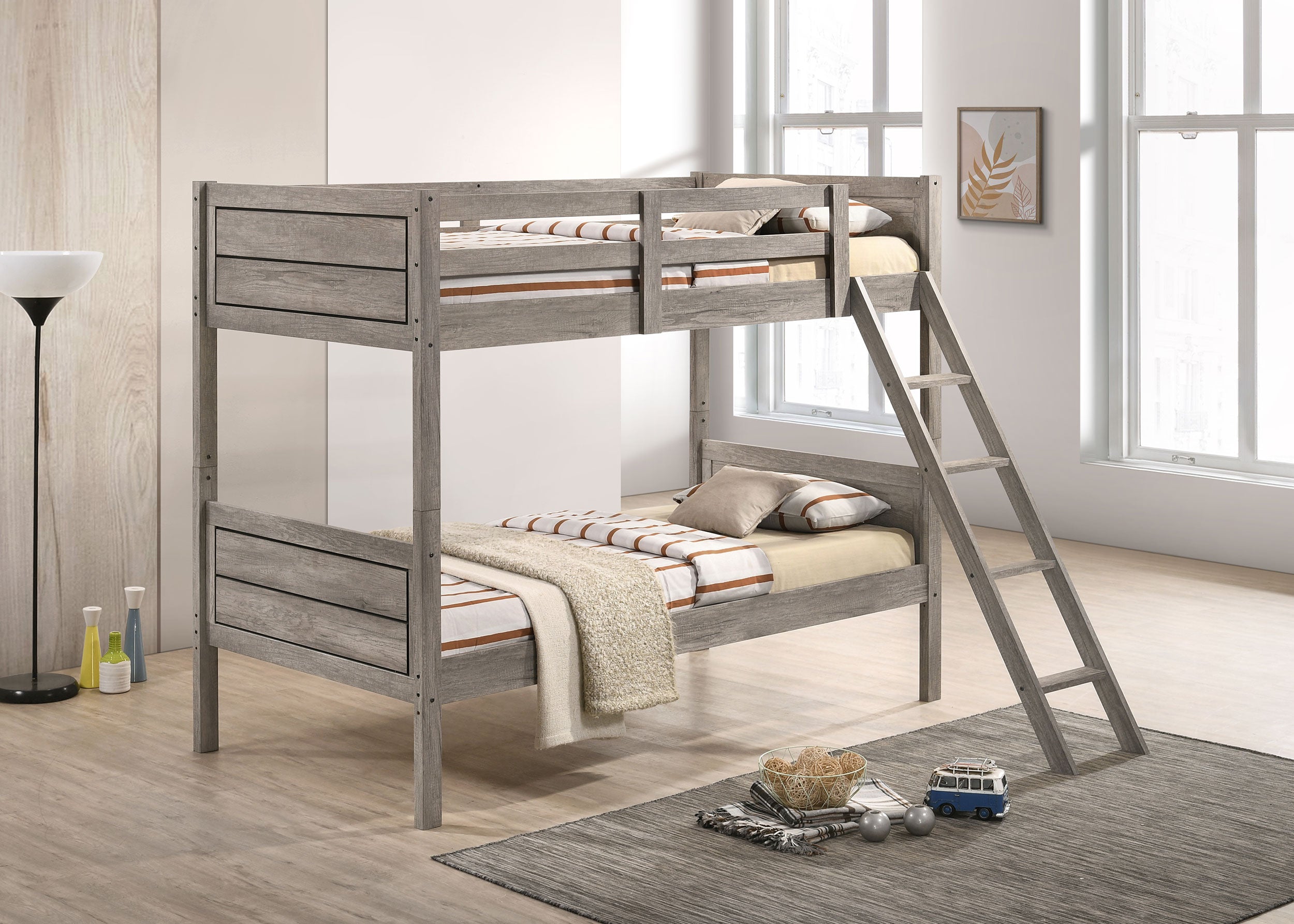 Ryder Wood Twin Over Twin Bunk Bed with Mattress Weathered Taupe
