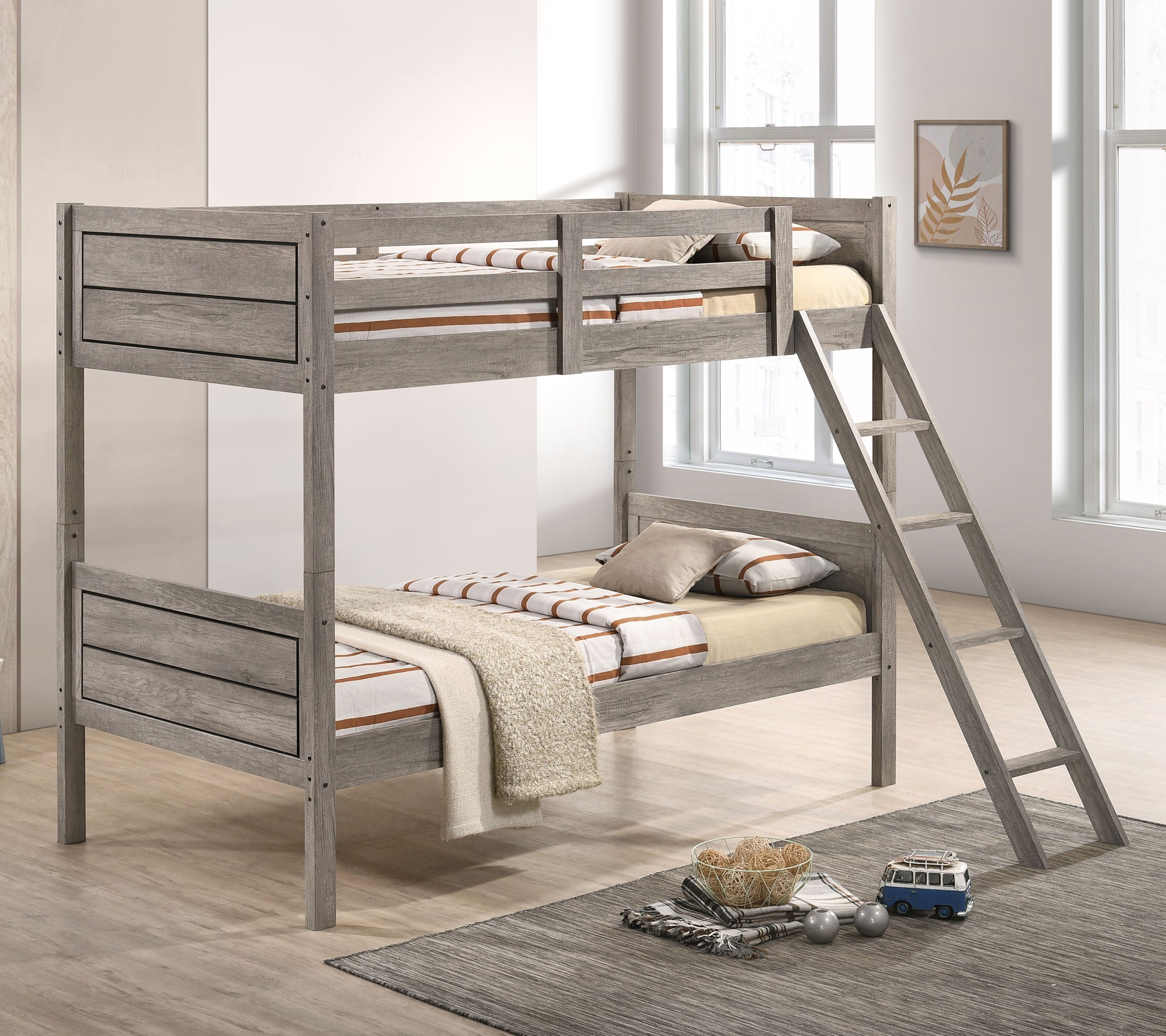 Ryder Wood Twin Over Twin Bunk Bed with Mattress Weathered Taupe