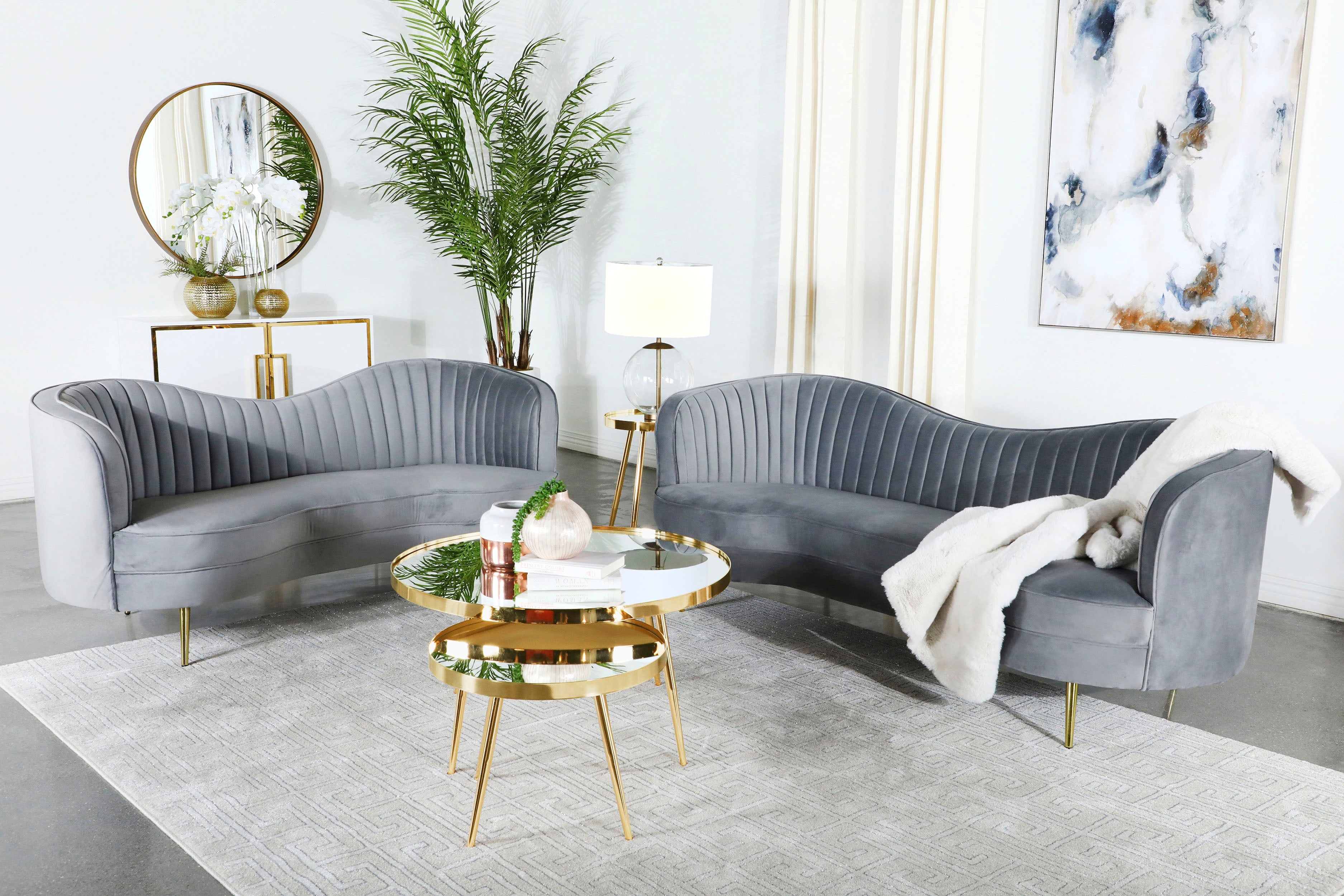 Sophia Upholstered Channel Tufted Sofa Set Blue