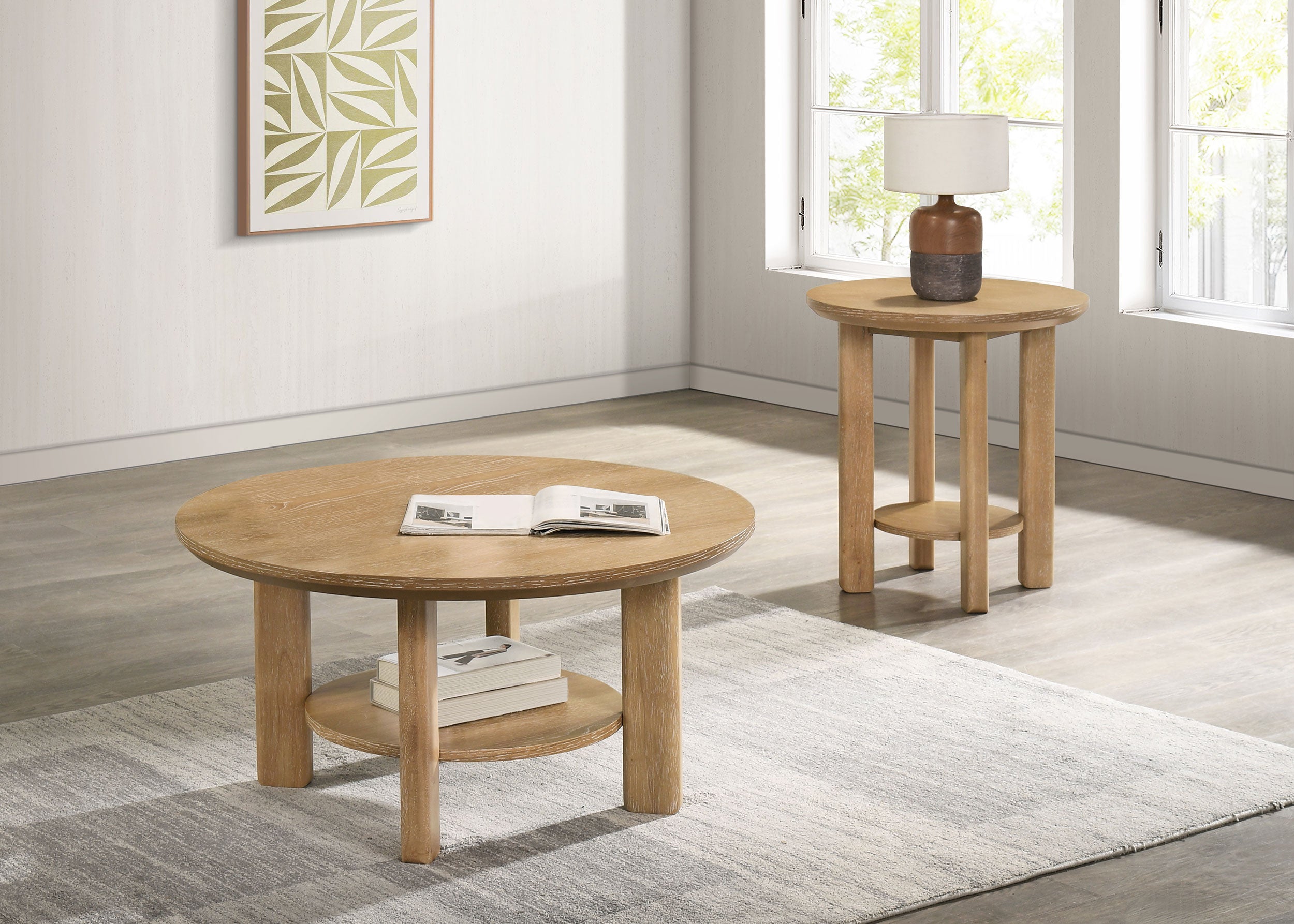Ottowa Round Wood Coffee Table Set Light Oak