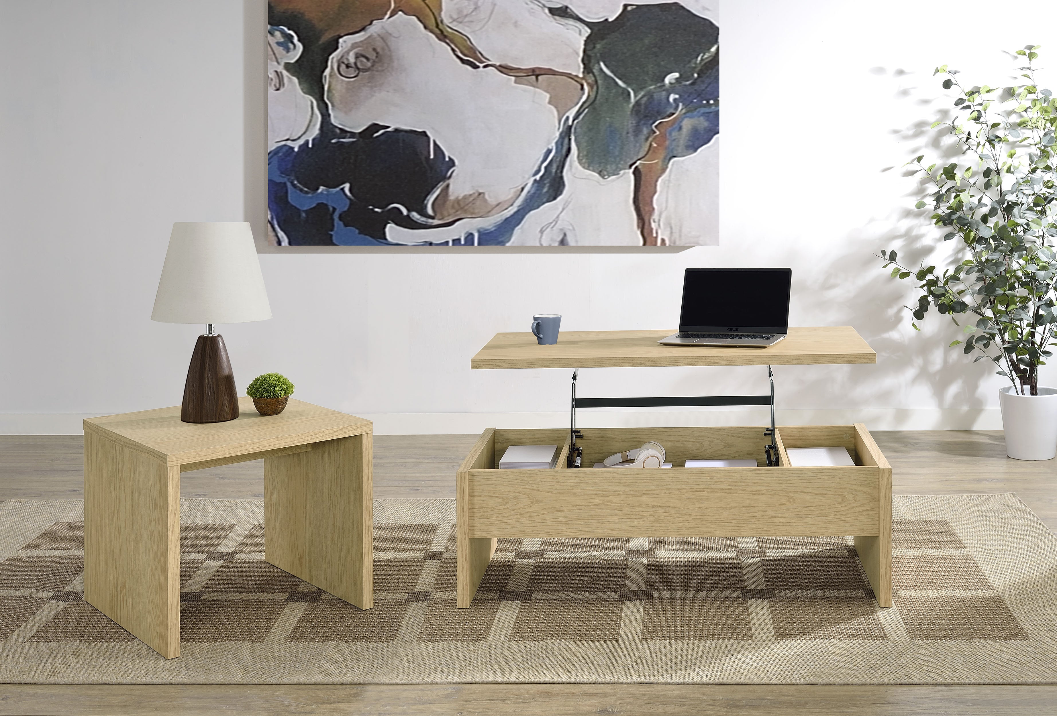 Canoga Lift Top Cocktail Coffee Table Set Light Oak