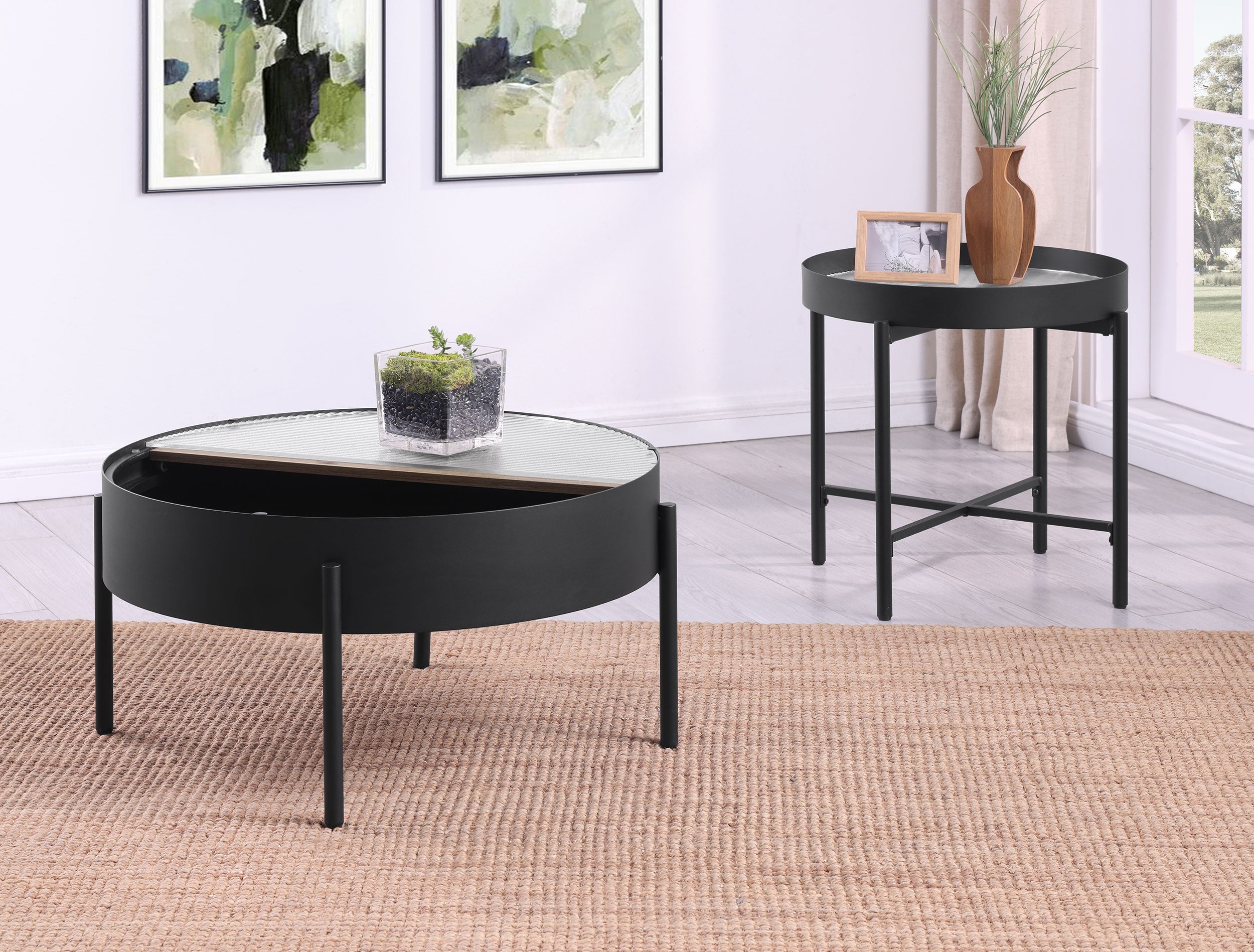 Ozella Round Coffee and End Table Set Sandy Black