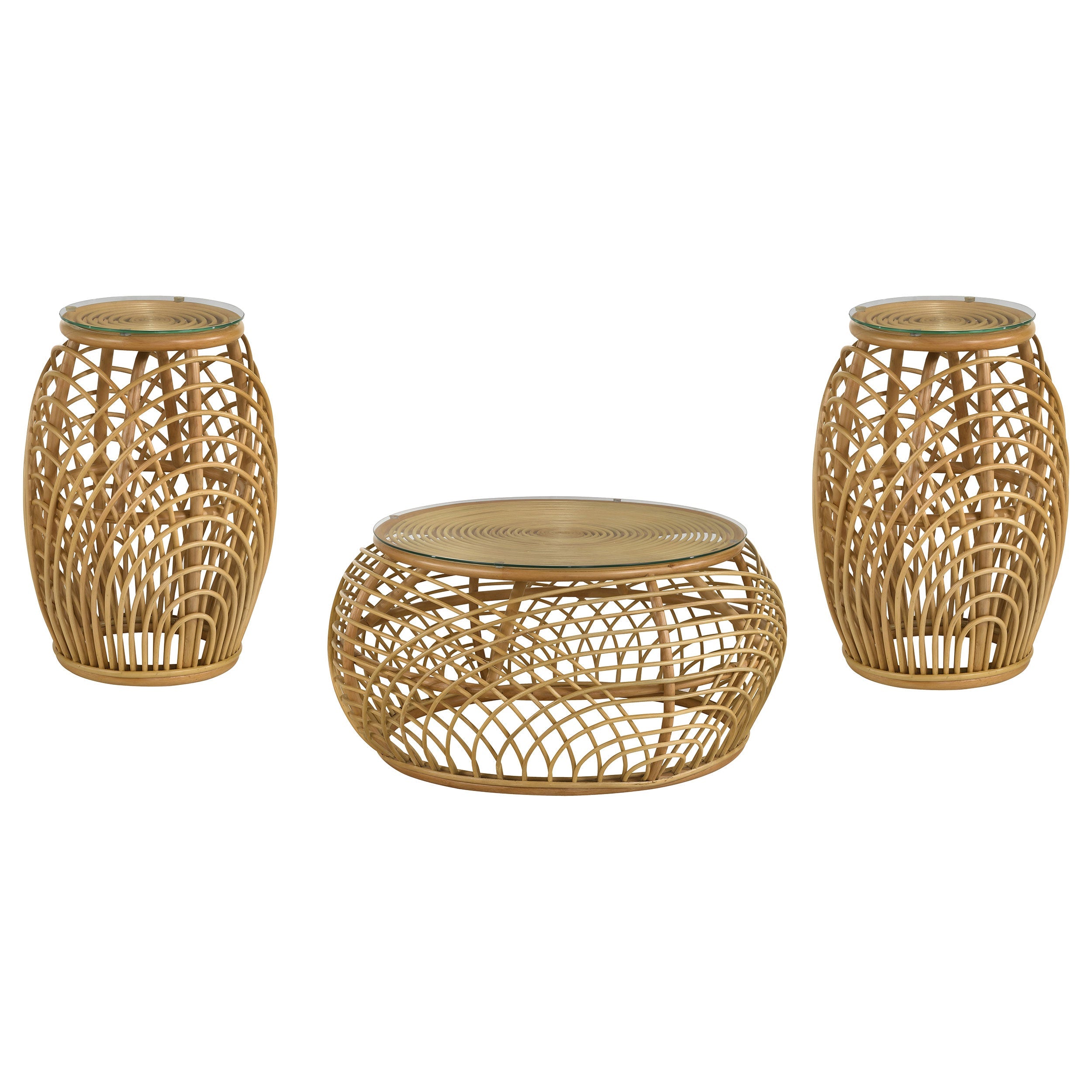 Dahlia Round Rattan Coffee and End Table Set Natural