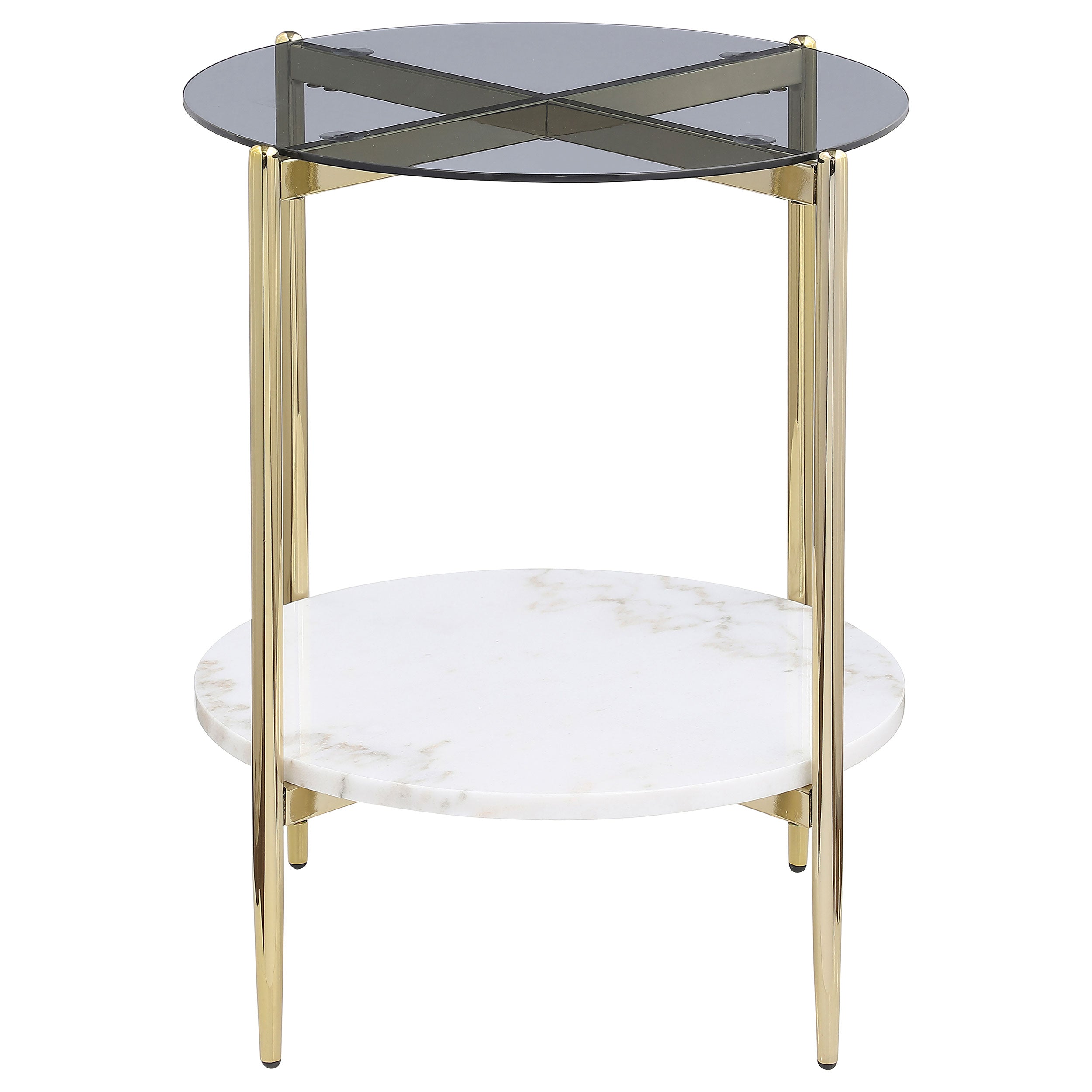 Jonelle Round Glass Top End Table White Marble Shelf Gold