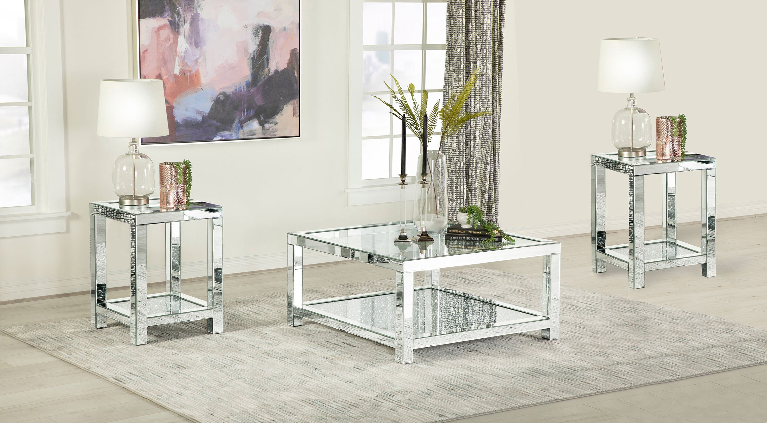Valentina Mirrored Coffee and End Table Set Silver