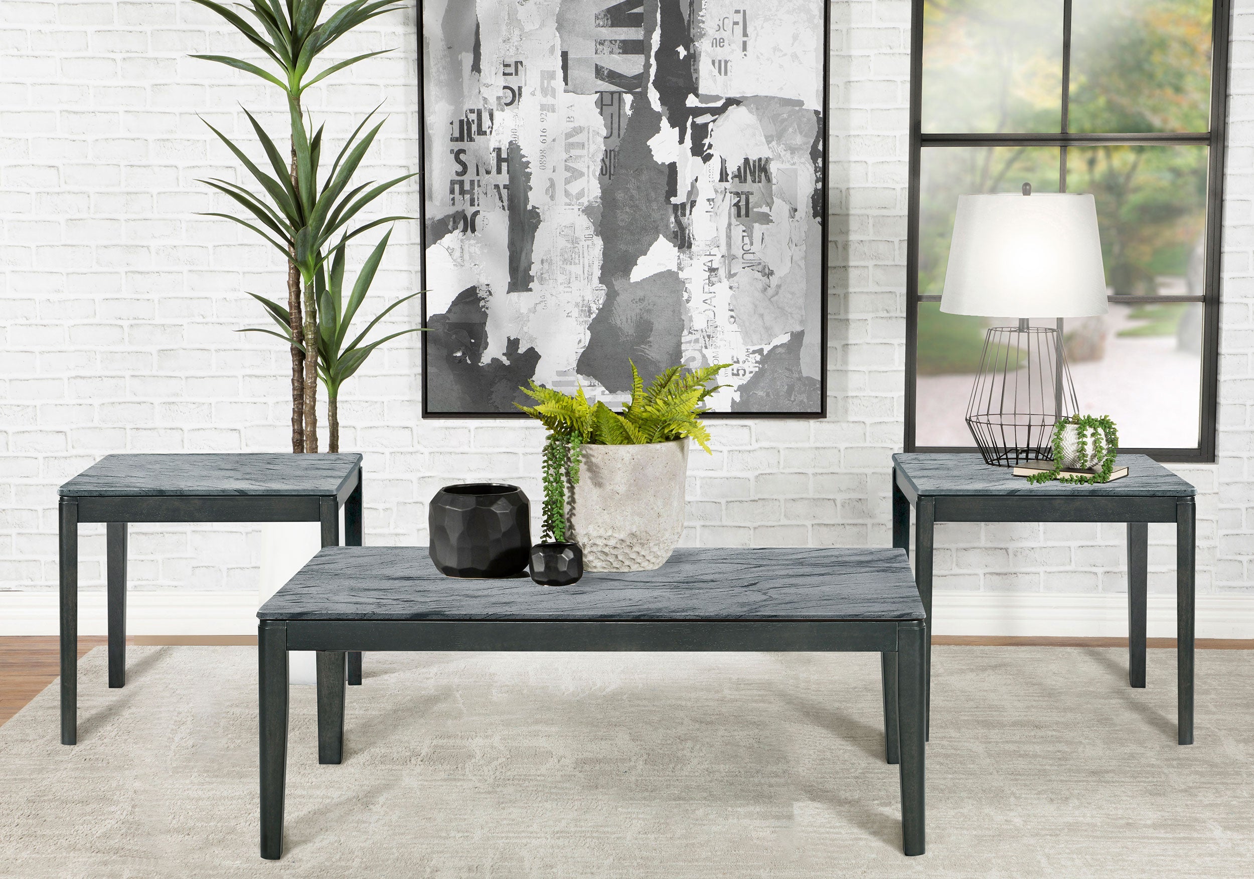 Mozzi Coffee and End Table Set Grey Faux Marble
