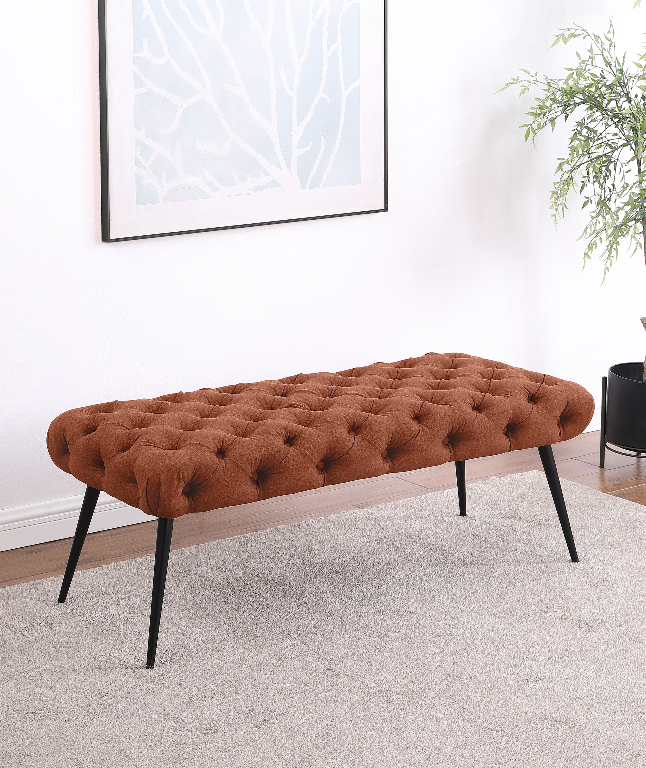 Ella Upholstered Tufted Bench Metal Legs Rust
