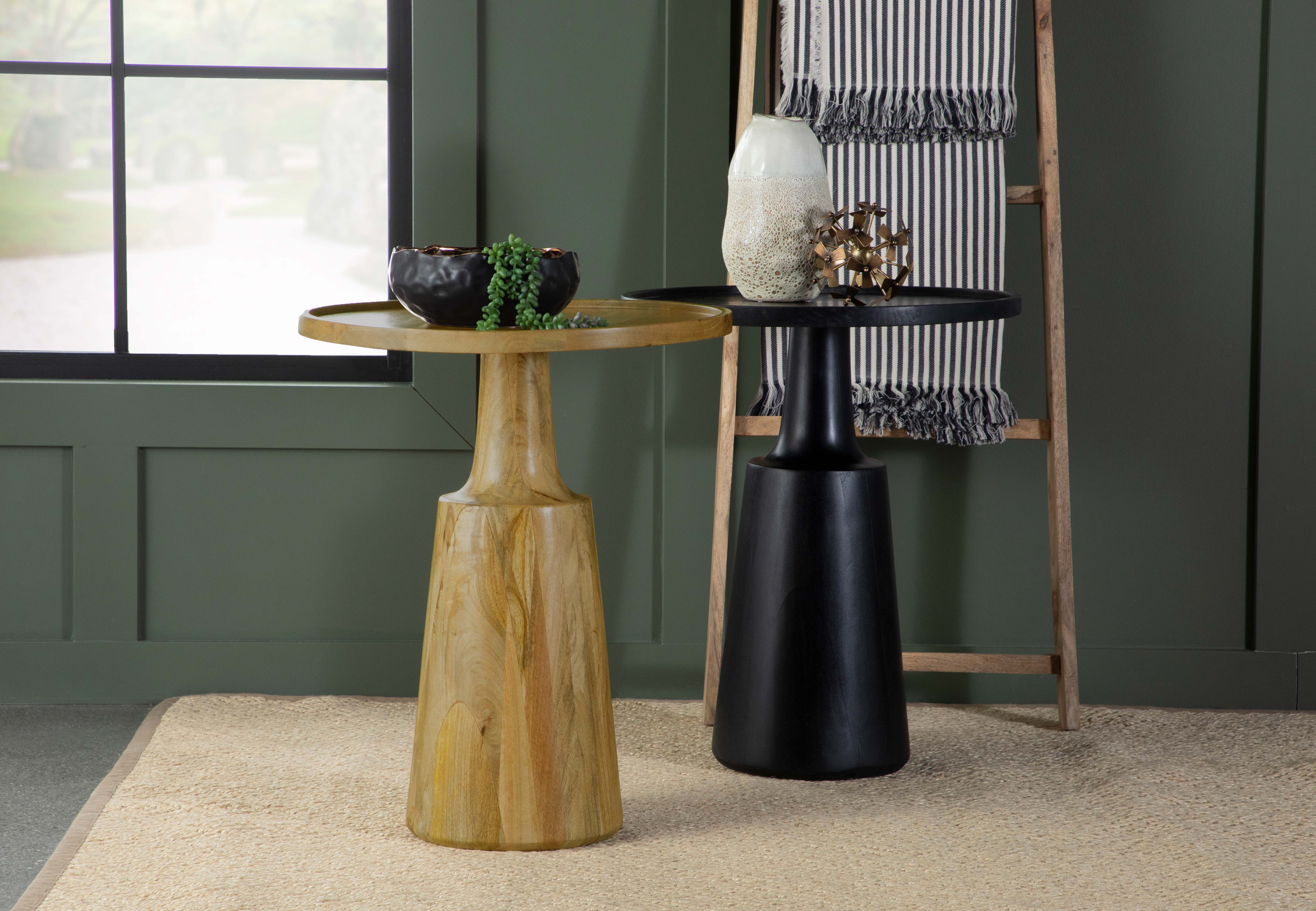 Ixia Round Solid Mango Wood Accent Side Table Black Stain