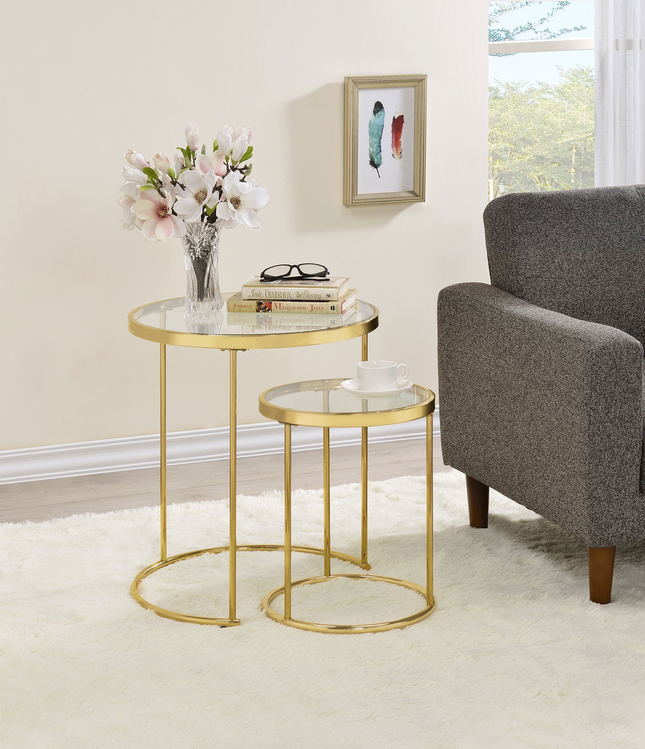 Maylin Round Glass Top Nesting Table Set Gold
