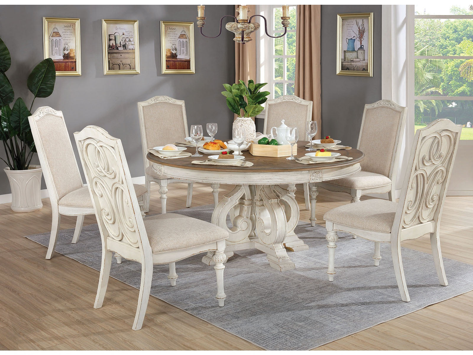 Arcadia Antique White/Ivory 7 Pc. Round Dining Room Set