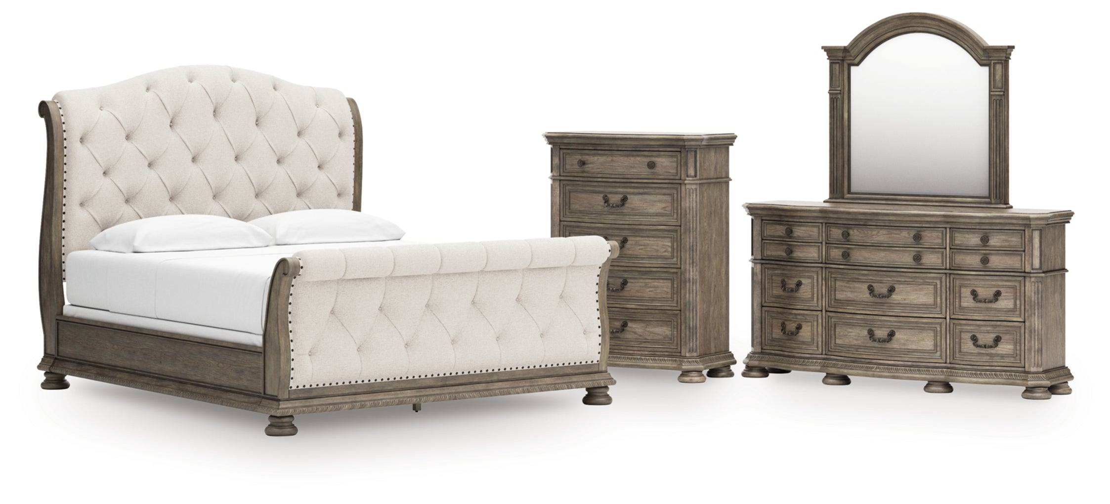 Ardenfield Upholstered Sleigh Bed, Dresser, Mirror, Chest & Nightstand, Bedroom Set