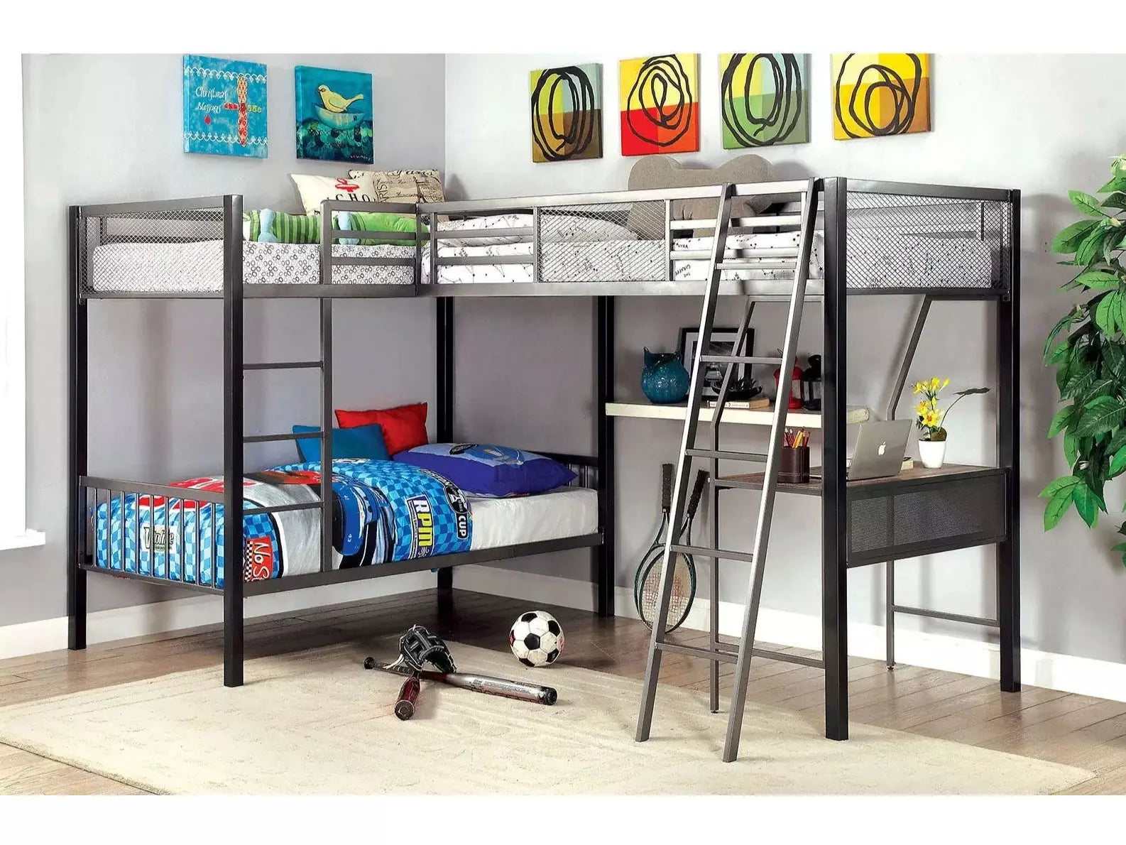 Ballarat Silver Gray L-shaped Triple Twin Bunk Bed w/ Desk