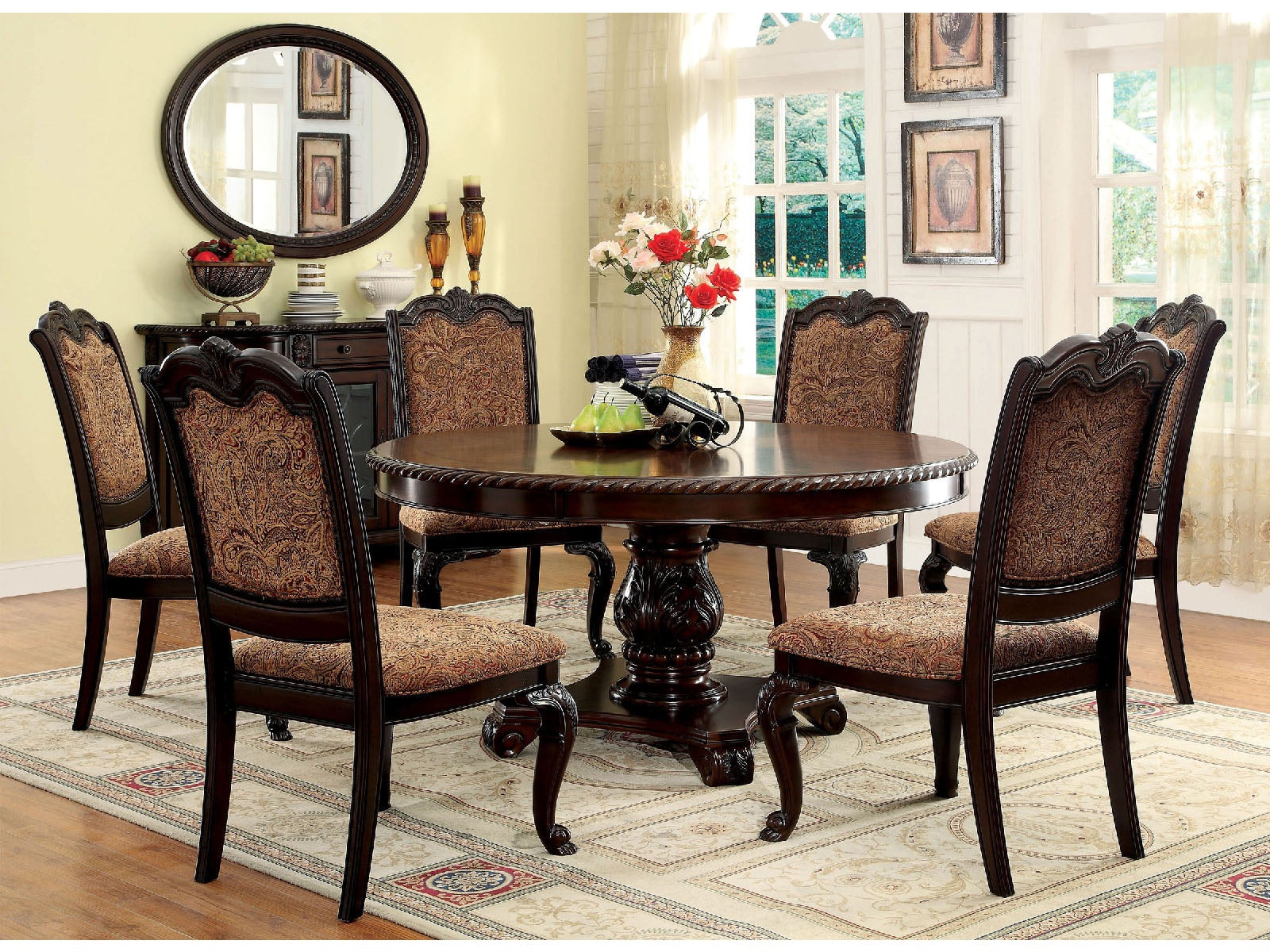 Bellagio Brown Cherry Fabric Round Dining Room Set / 7-piece