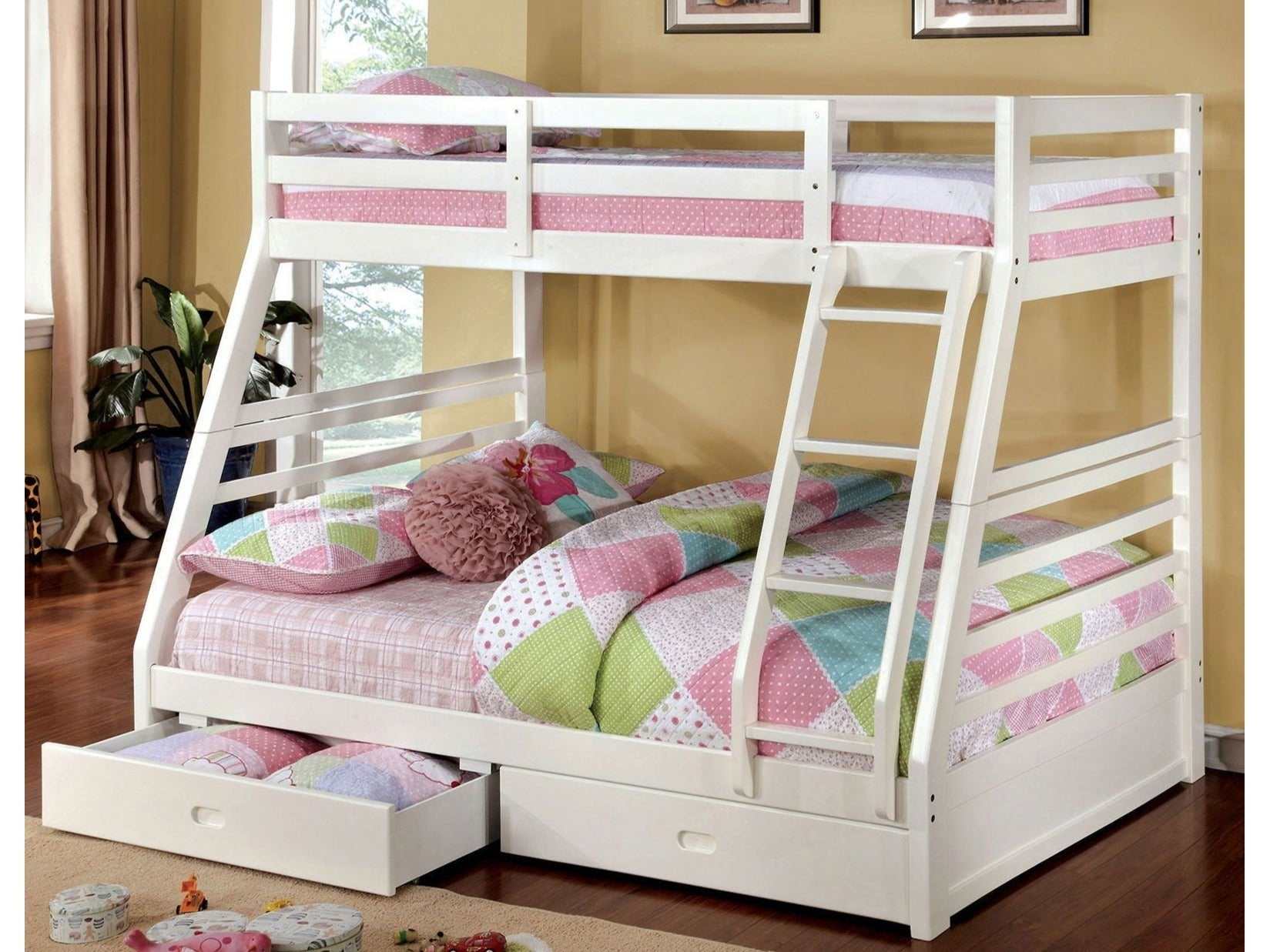 California White Twin/Full Bunk Bed w/ 2 Drawers