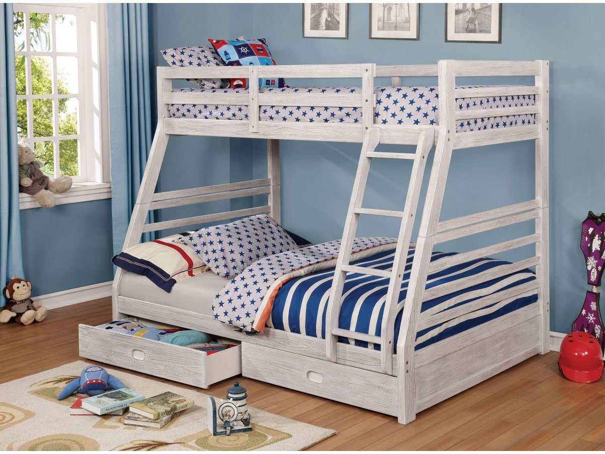 California Wire-Brushed White Twin/Full Bunk Bed w/ 2 Drawers