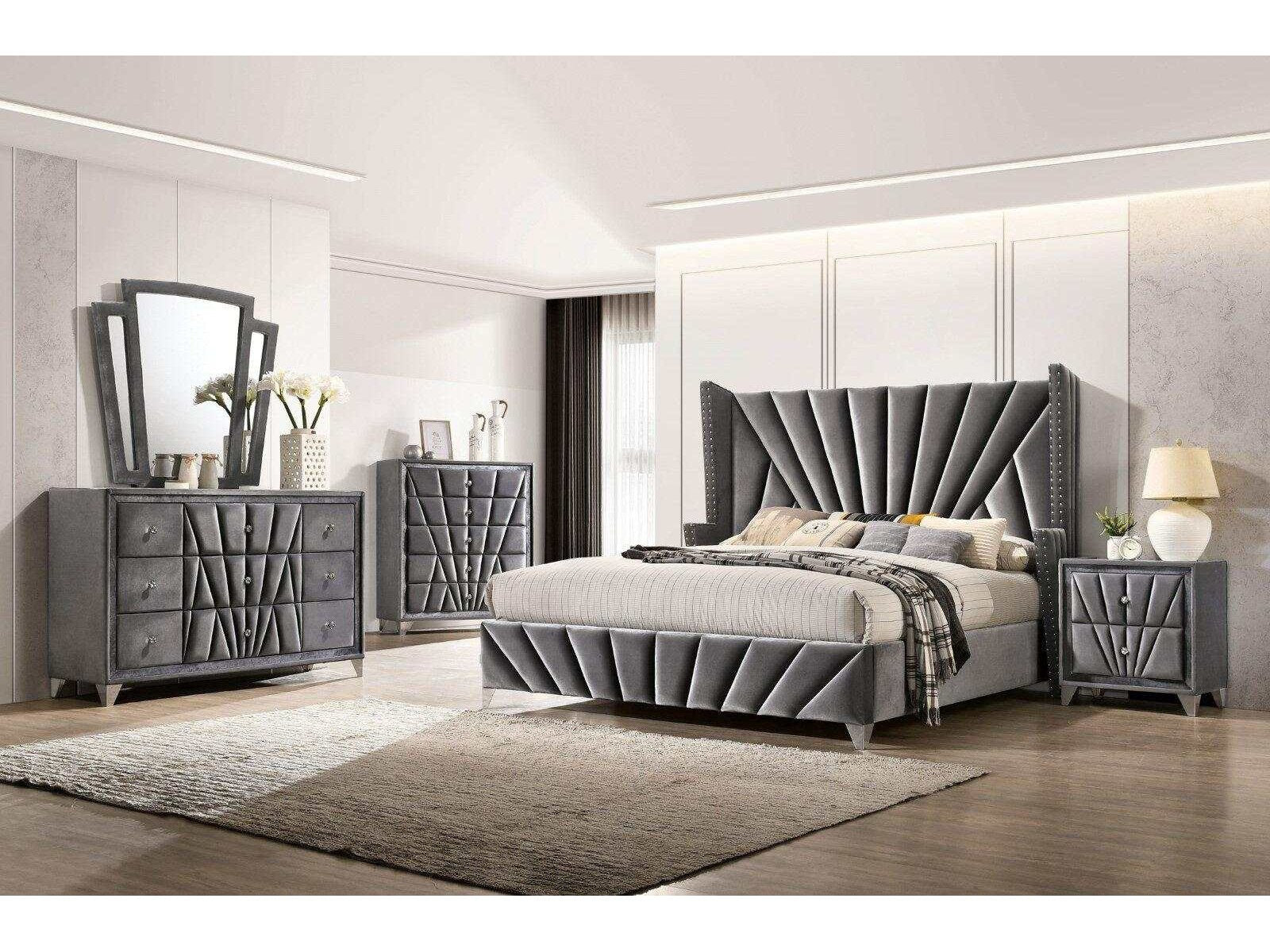 Carissa Gray Velvet Upholstered Wingback HB Bedroom Sets