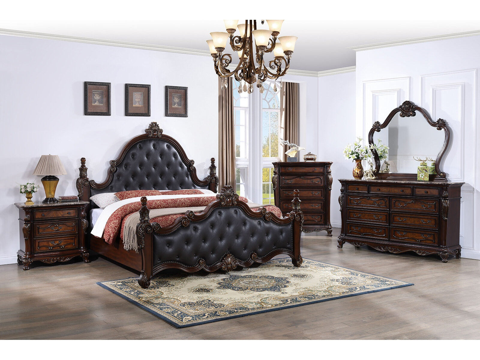 Cremona Dark Cherry 5 Pc. Queen Leatherette Bedroom Set w/ 2NS