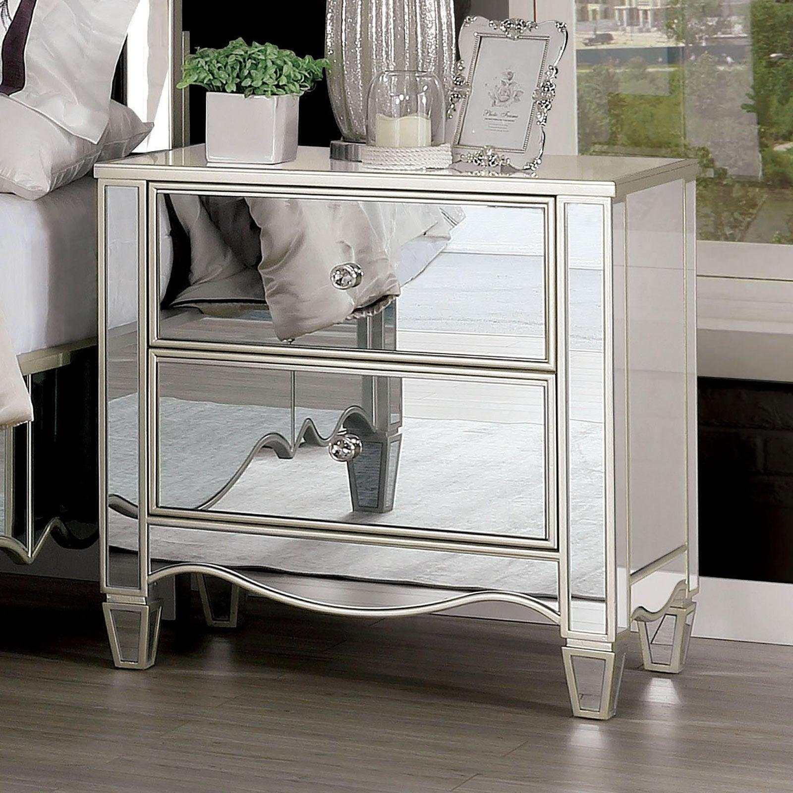 Eliora Silver & Mirrored Nightstand w/ USB Plug