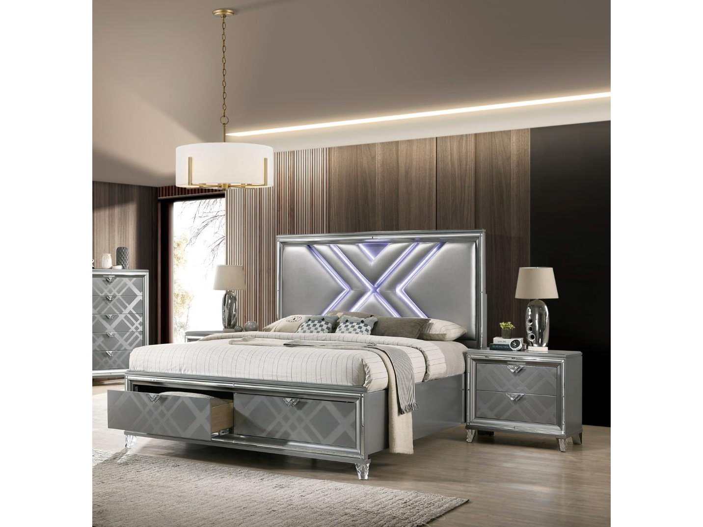 Emmeline Silver Queen Bed w/ HB LED Lights & FB Drawers