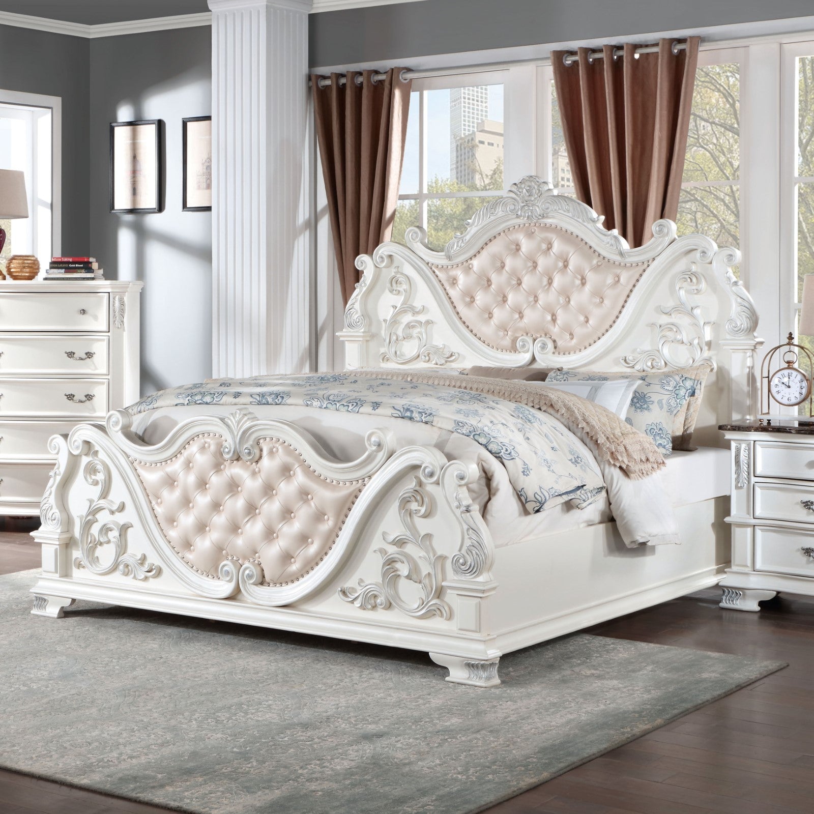 Esparanza Pearl White 5 Pc. Queen Bedroom Set w/ 2NS
