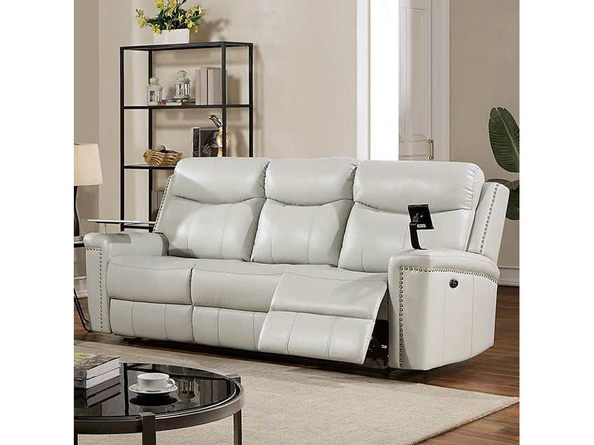 Florine Light Gray Leatherette Power Reclining Sofa
