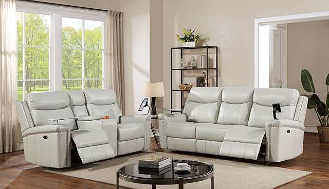 Florine Light Gray Leatherette Power Reclining Sofa