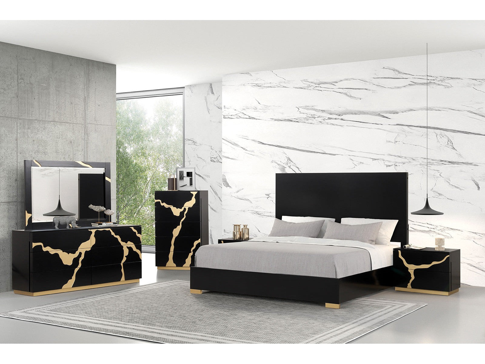 Goldsberg Black/Gold Queen 5 Piece Bedroom Set w/2 Nightstands