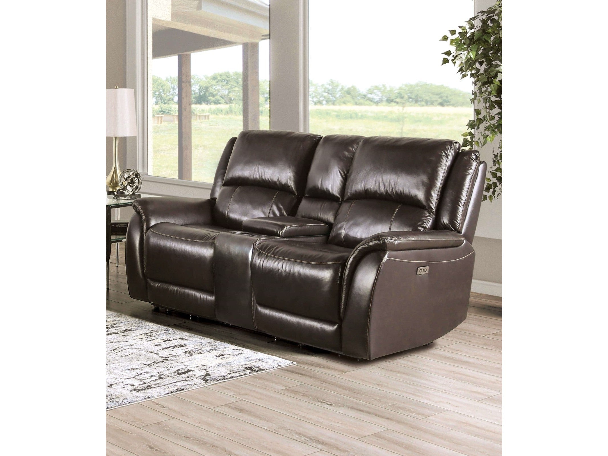 Gorgius Espresso Top Grain Leather Match Power Loveseat