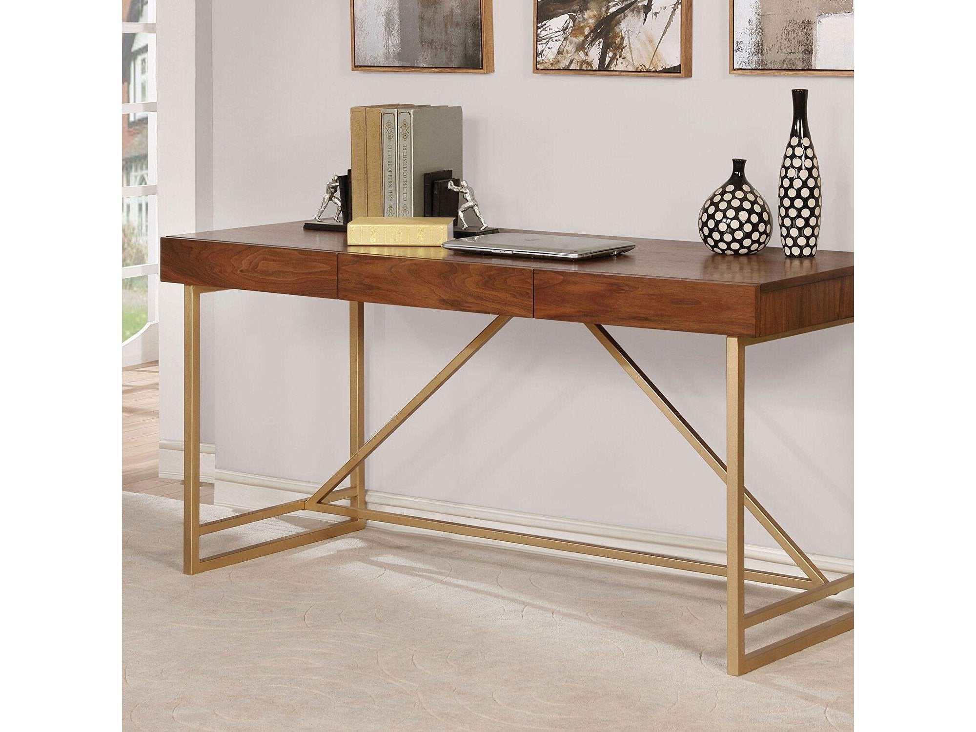 Halstein Light Walnut & Gold Desk