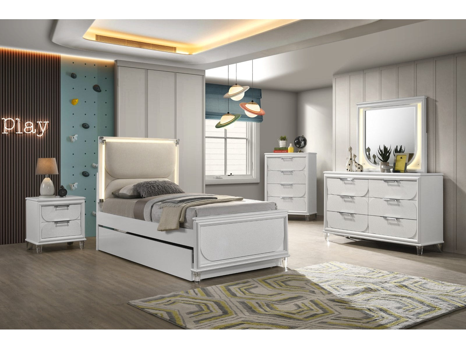 Lareina Pearl White Twin 5 Piece Bedroom Set w/2 Nightstands