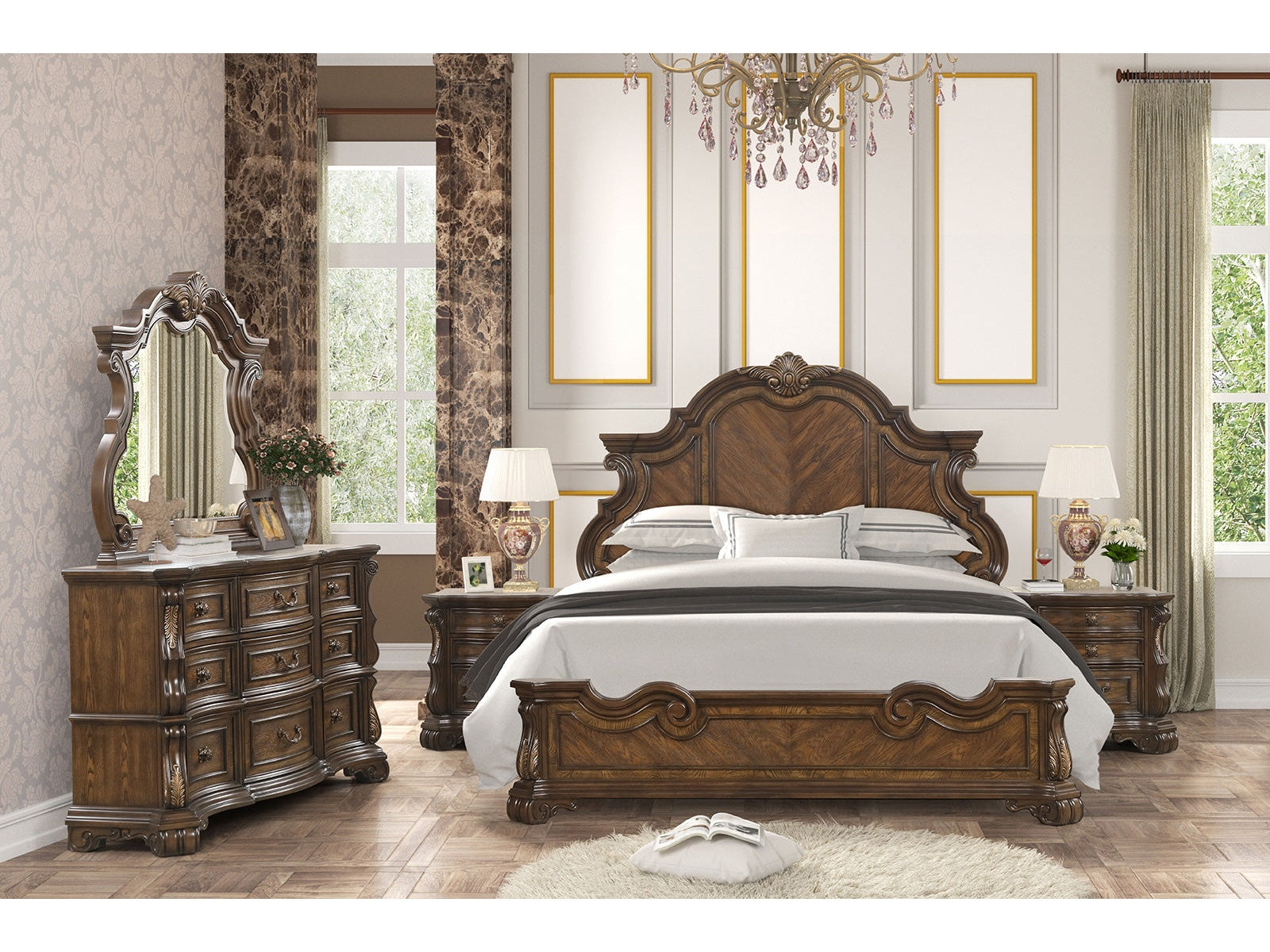 Leovanni Dark Brown Queen 5 Piece Bedroom Set w/2 Nightstands