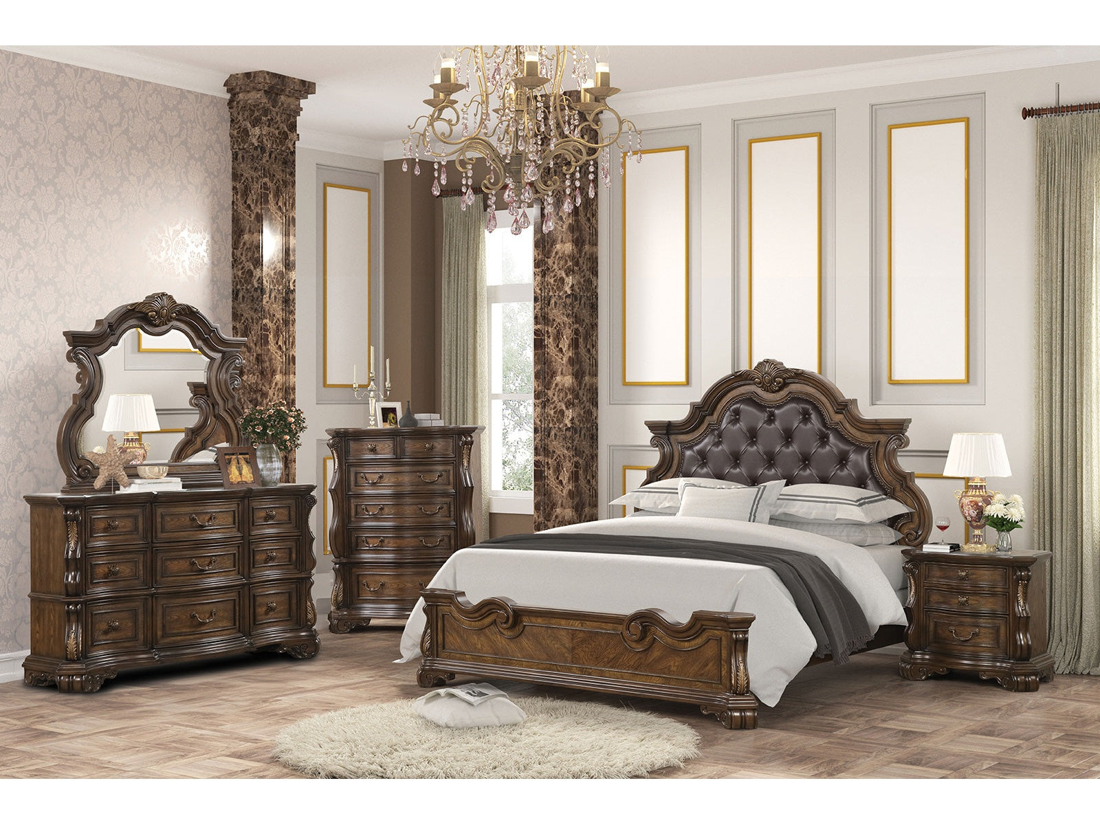 Leovanni Dark Brown Queen Full 4 Piece Bedroom Set