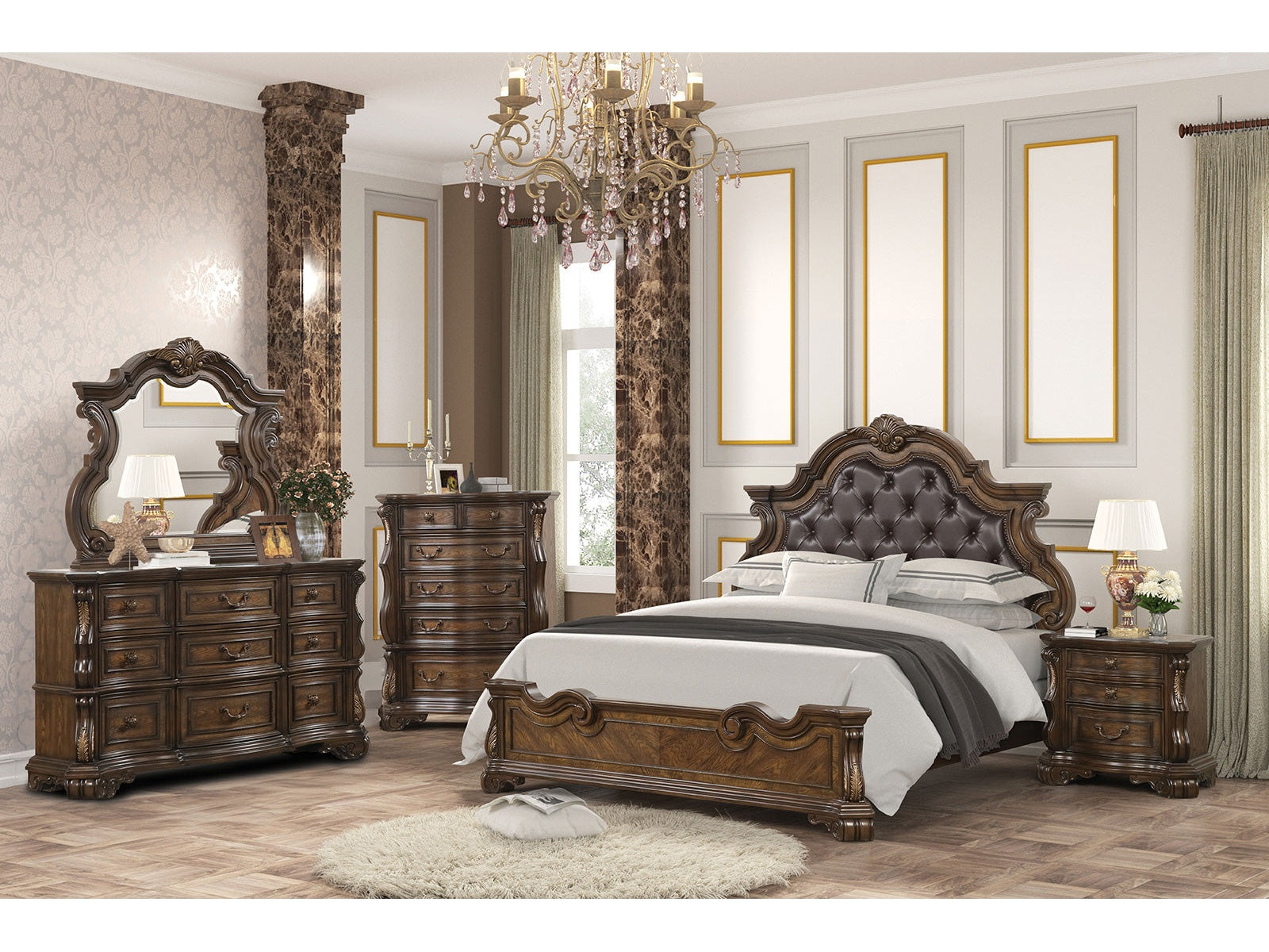 Leovanni Dark Brown Queen Full 5 Piece Bedroom Set w/Chest