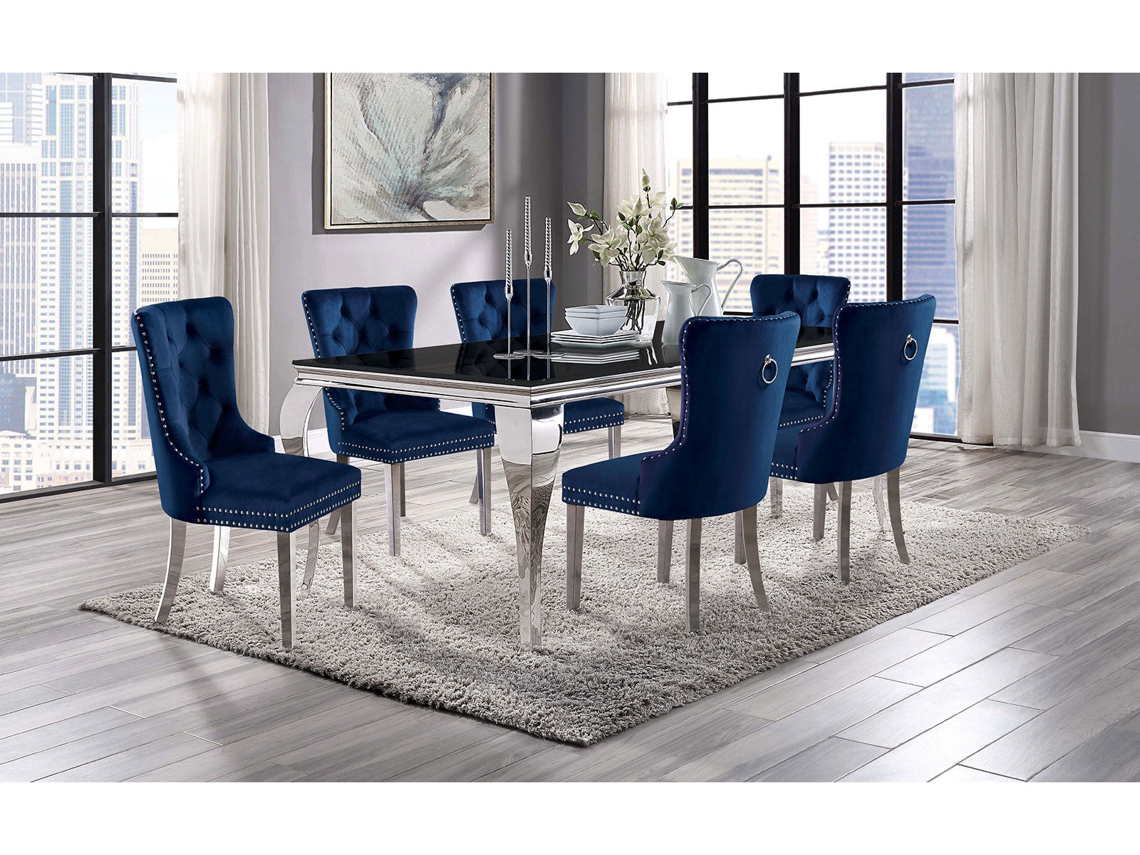 Neuveville Black/Chrome Table and Navy Chairs 7-piece Dining Room Set