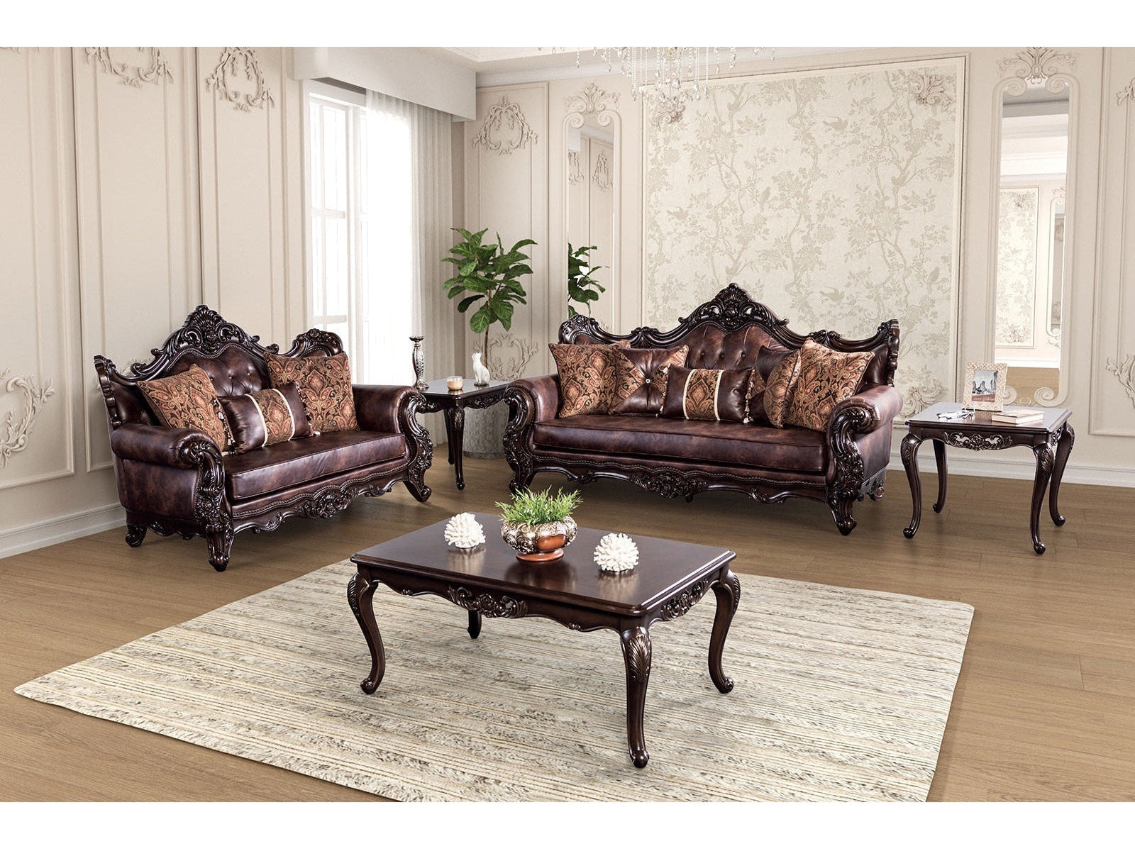 Palencia Dark Cherry/Brown Leatherette Sofa & Loveseat